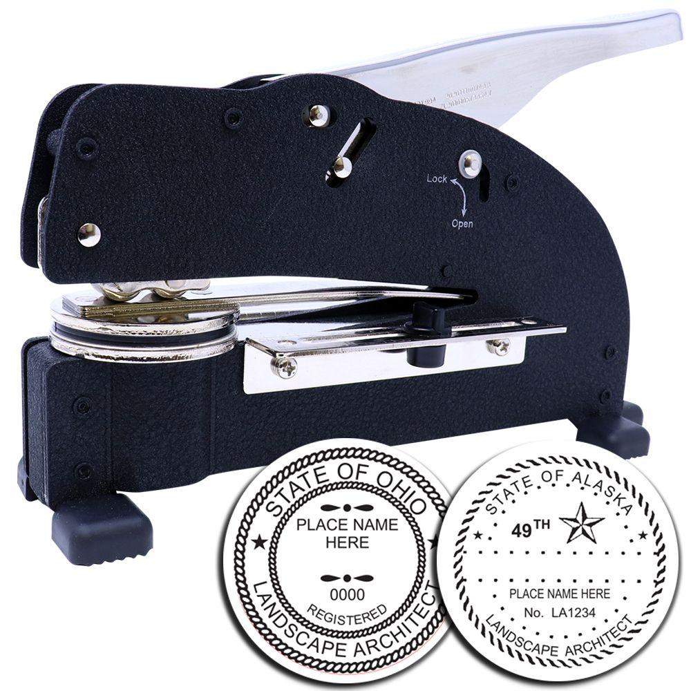 Black desk embossing seal stamp for landscape architects, showing custom Ohio and Alaska professional certification seals.