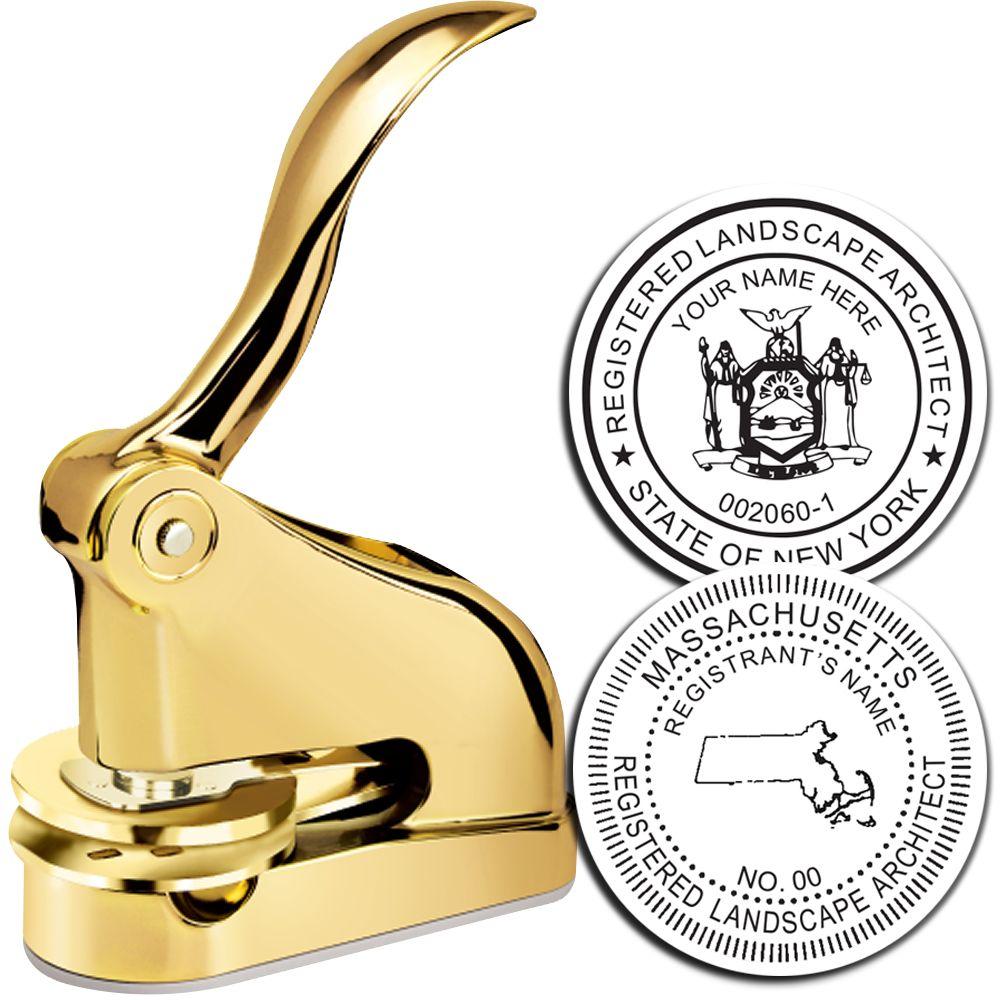 Gold landscape architect embosser with New York and Massachusetts registered seal designs.