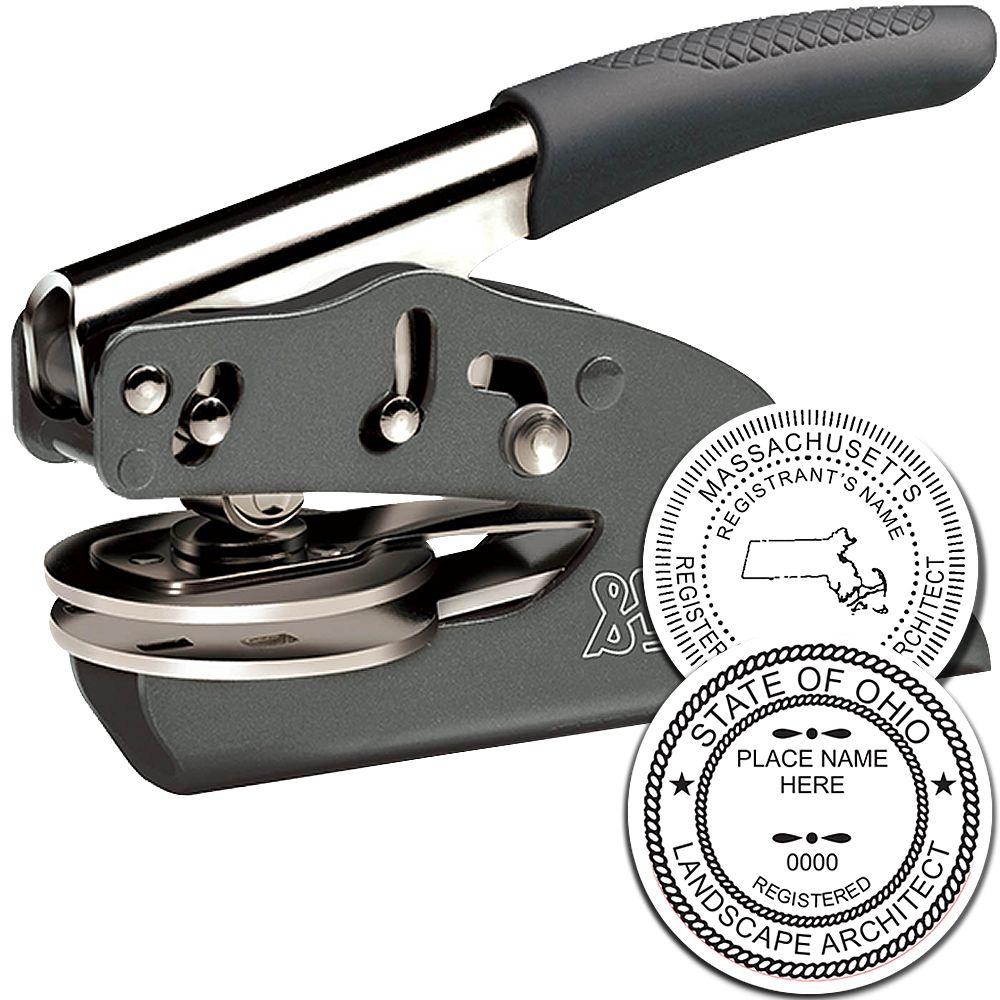 Handheld custom embossing seal press with interchangeable Massachusetts and Ohio state seal plates for notary or professional use
