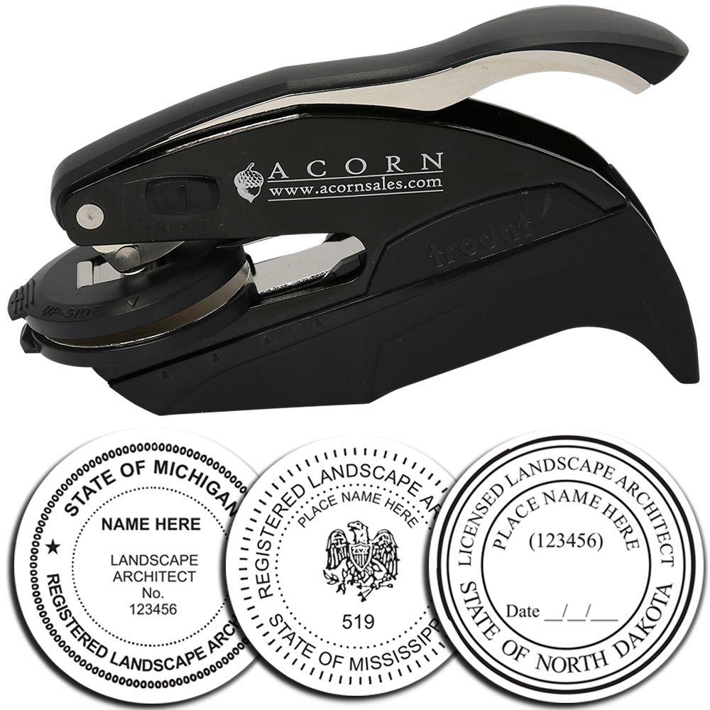 Black self-inking landscape architect seal stamp with custom state registration embossing examples for Michigan, Mississippi, and North Dakota.