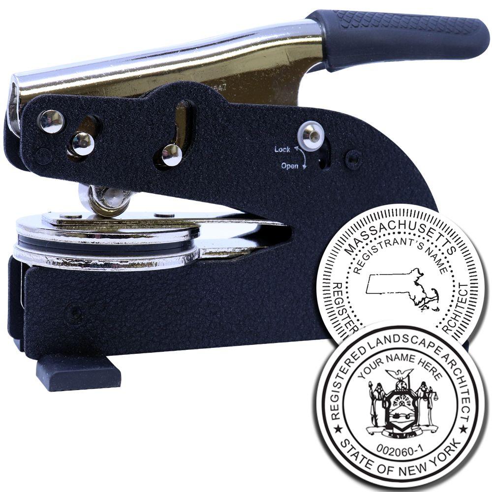 Heavy-duty desk embossing seal press with Massachusetts and New York registered landscape architect seal dies.