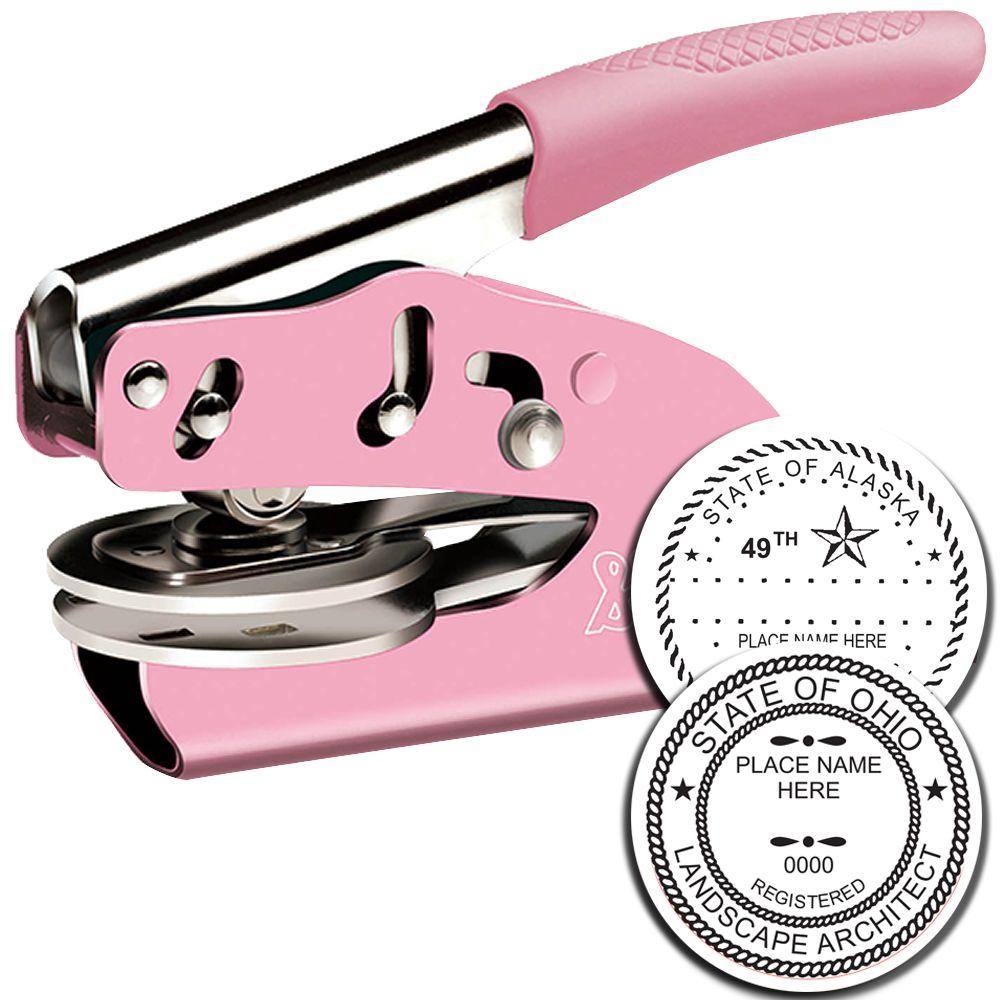 Pink custom embossing seal embosser with state seal examples for Alaska and Ohio landscape architect stamps