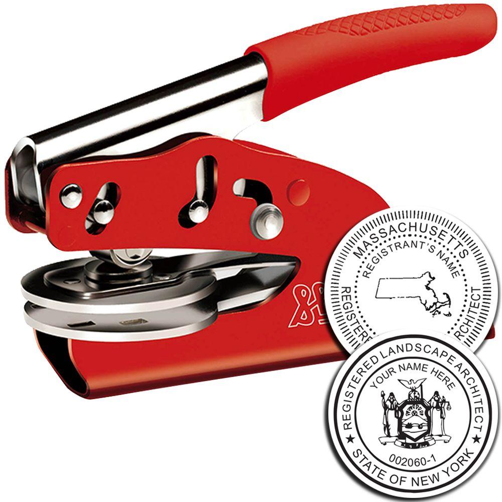 Red handheld embossing seal press with Massachusetts and New York professional architect stamps, featuring custom registration seals for architects and landscape architects.