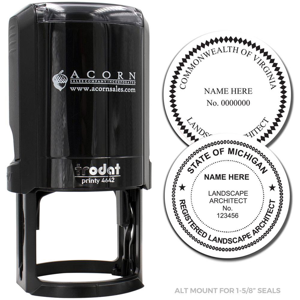 Black self-inking seal stamp mount for 1-5/8 inch professional landscape architect seals, with Virginia and Michigan state seal examples.