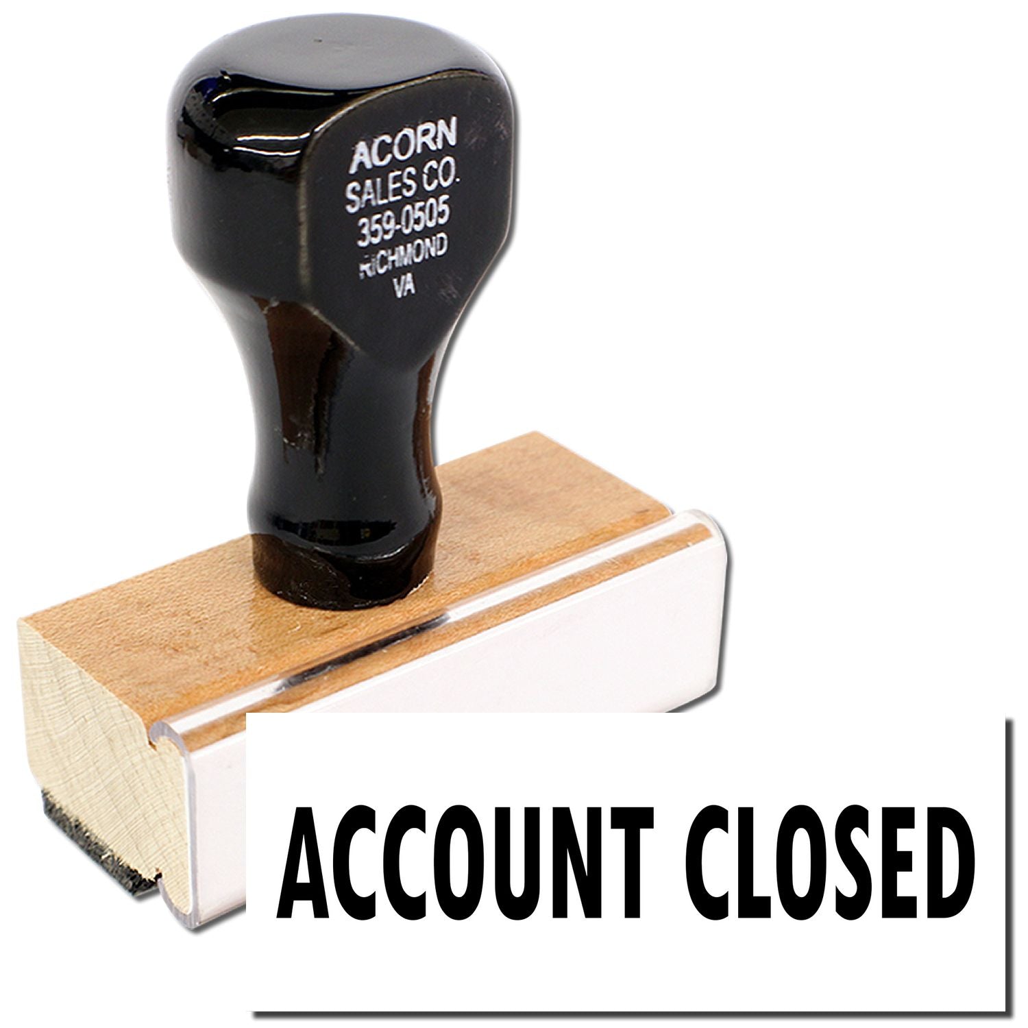 Account Closed rubber stamp over wood block, Acorn Sales Co. contact info printed on the stamp handle