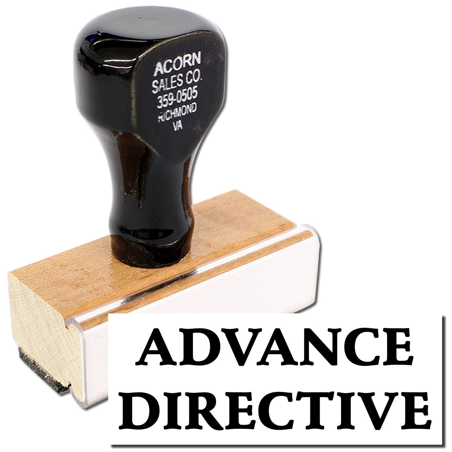 Advance Directive rubber stamp with Acorn Sales Co. imprint for labeling or marking healthcare documents.
