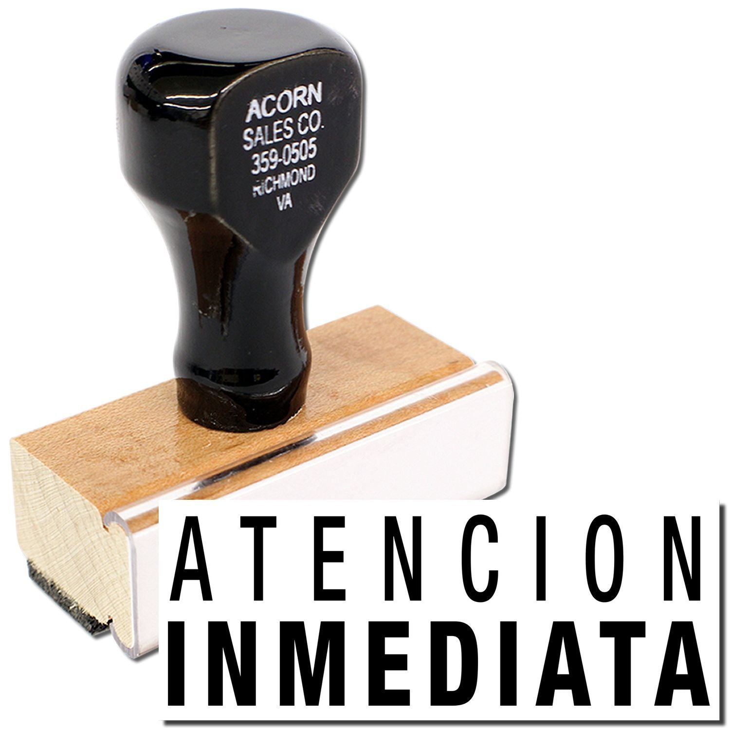 Acorn Sales Co. 359-0505 Richmond VA tool handle on packaging with Atencin Inmediata text for immediate action.
