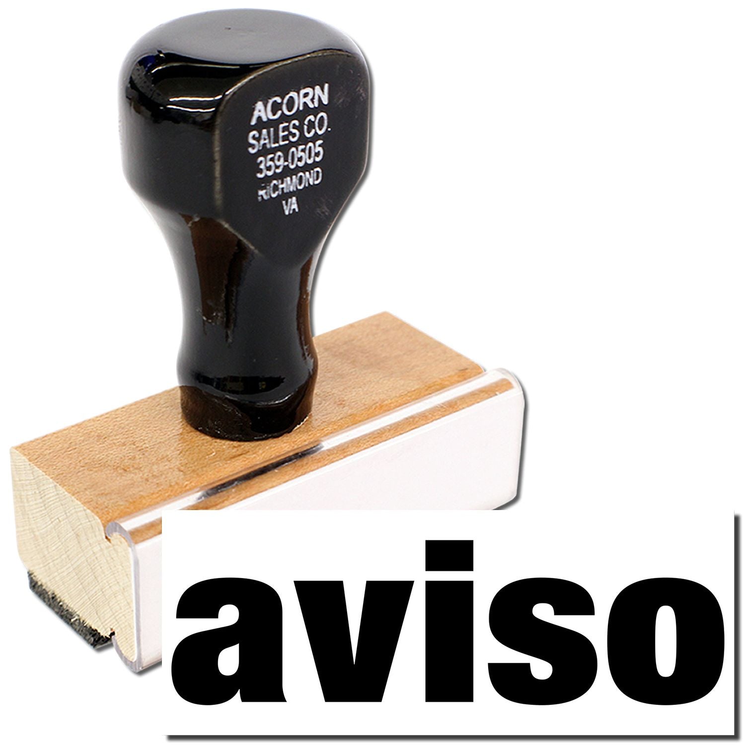 Acorn Sales Co. AVISO stamp with 359-0505 Richmond IA marking on black rubber for product labeling and identification