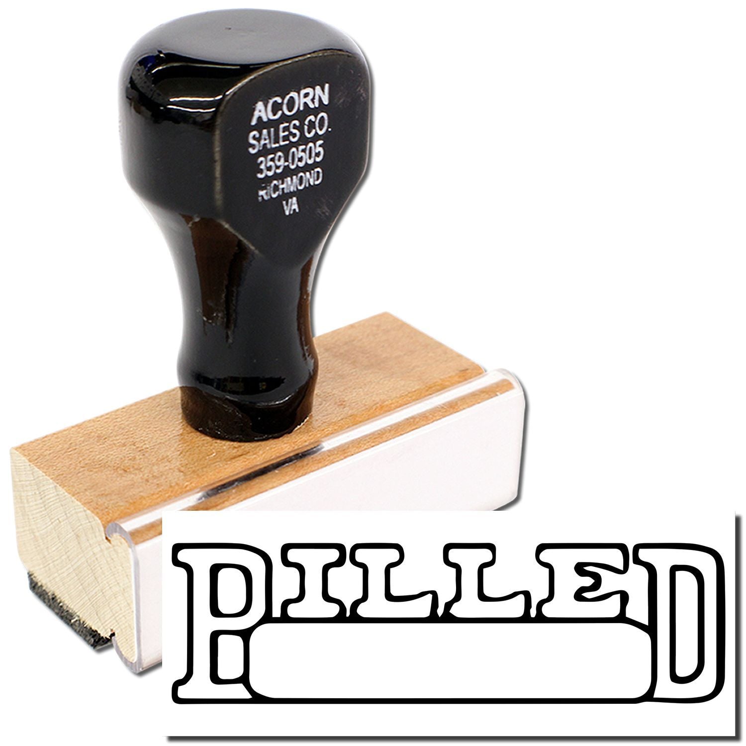 Acorn Sales Co PULLER tool with black rubber head on wooden block, product stamp 359-0505 Richmond VA.