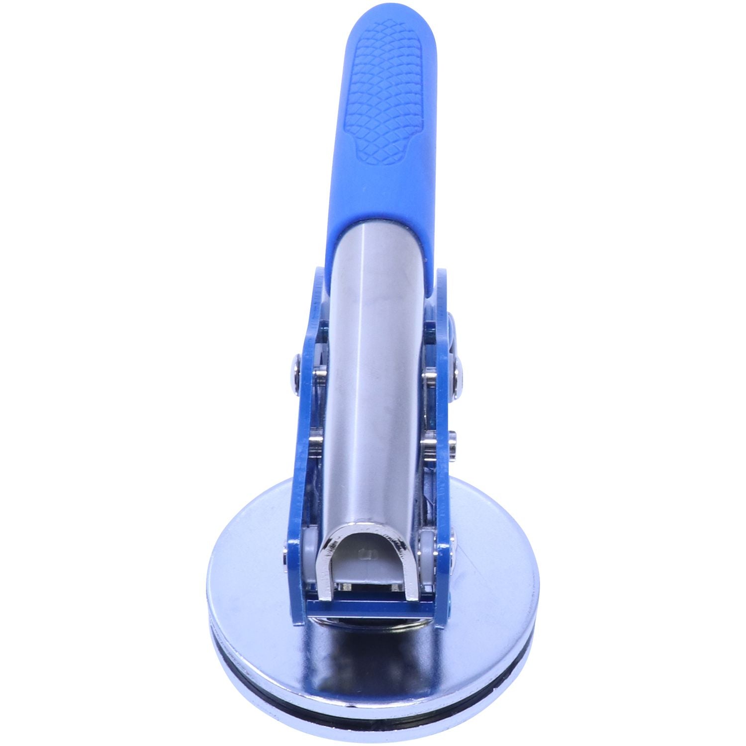 Blue suction cup lifter tool with lever handle and round metal base on white background