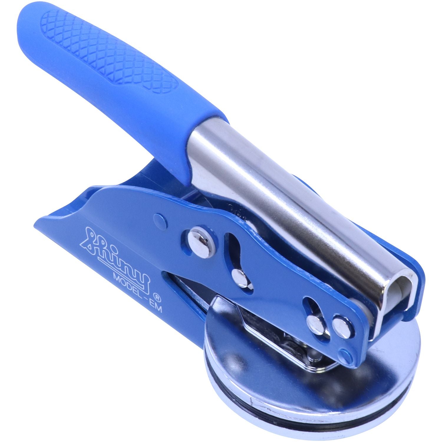 Blue ergonomic handheld hole punch tool with metal body and non-slip grip for leather, paper, and craft use