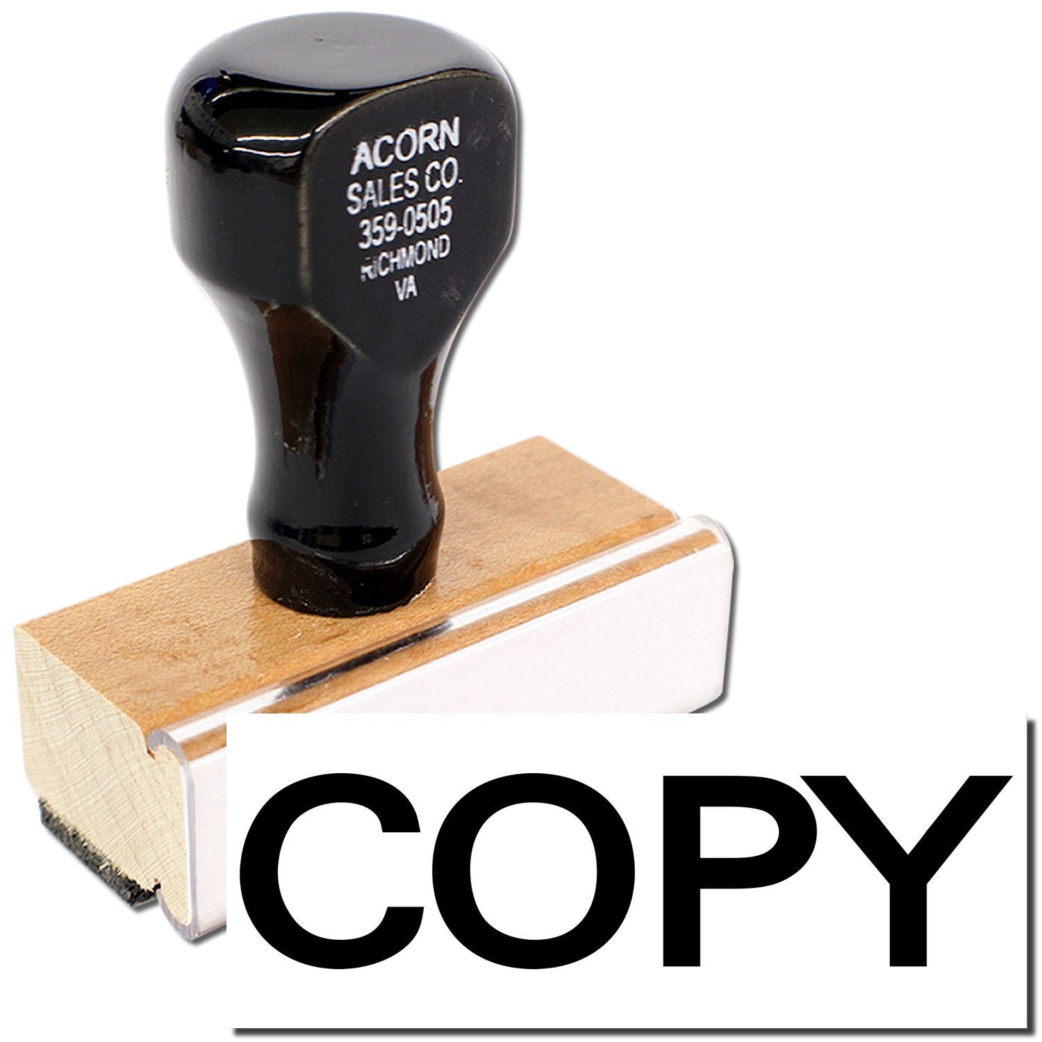 Acorn Sales Co. rubber stamp with COPY text on wooden base for office document marking and copy service branding, Richmond VA.