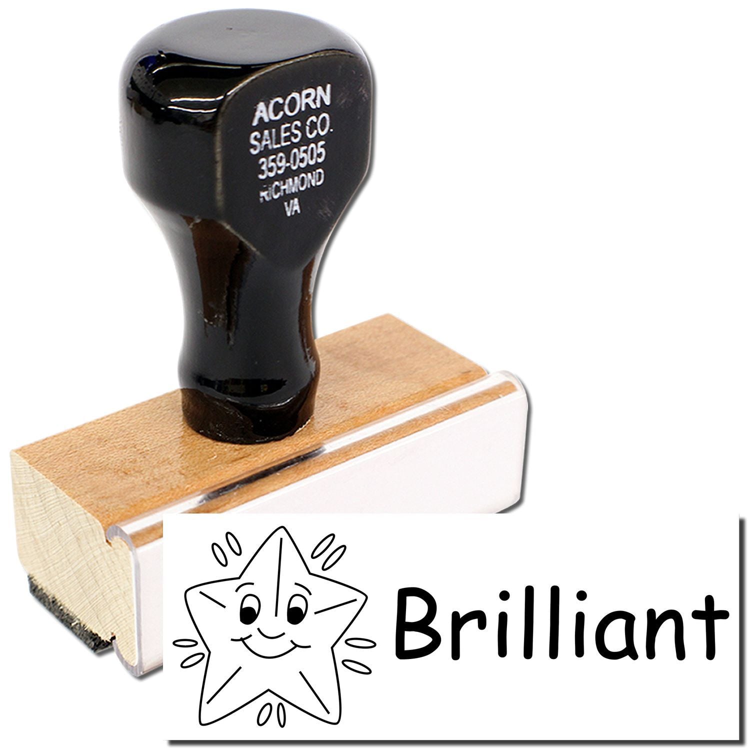 Acorn Sales Co. Richmond VA rubber stamp on wooden block for Brilliant branding, star graphic and 616 date code label.