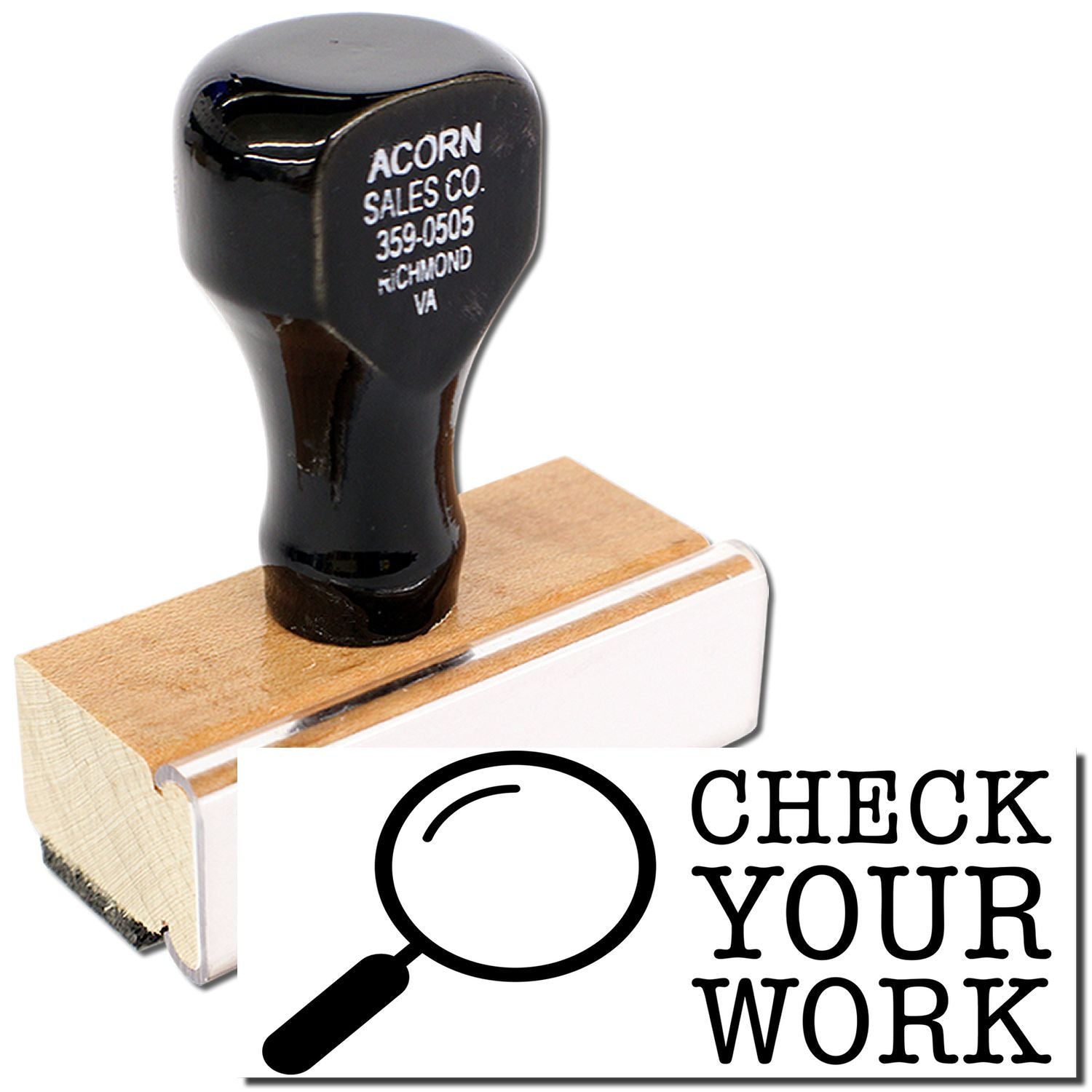 Close-up of Acorn Sales Co. black club head on wooden block with magnifying glass Check Your Work quality inspection graphic.