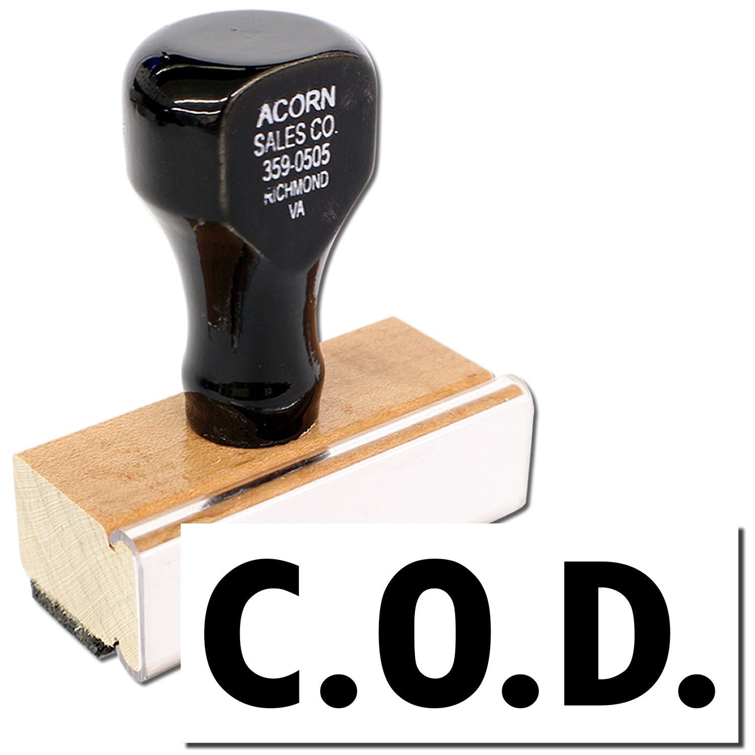Vintage Acorn Sales Co. COD rubber stamp on wooden block, labeled 359-0505 Richmond VA for shipping documents