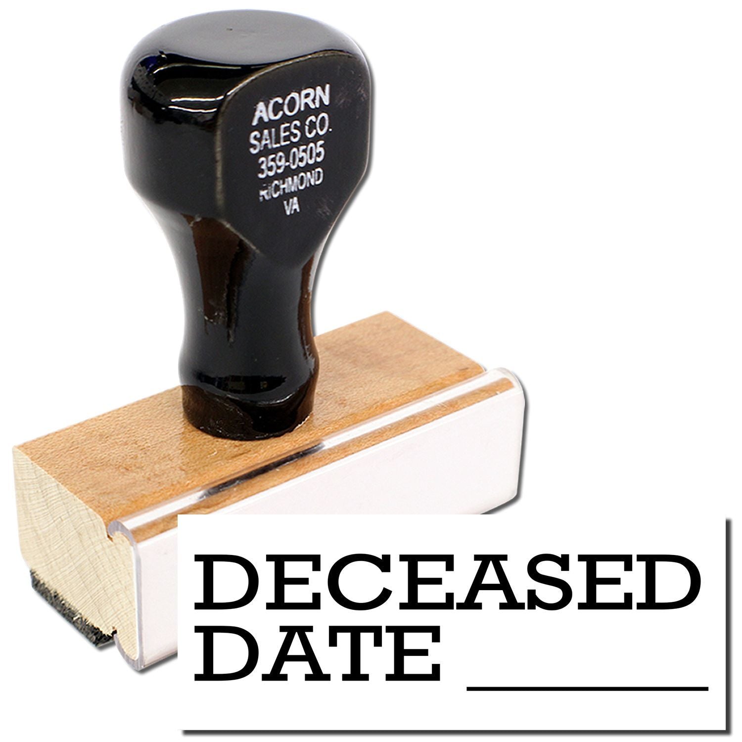 Acorn Sales Co. rubber date stamp on wooden base, marking DECREASED DATE for document, invoice, and inventory updates.