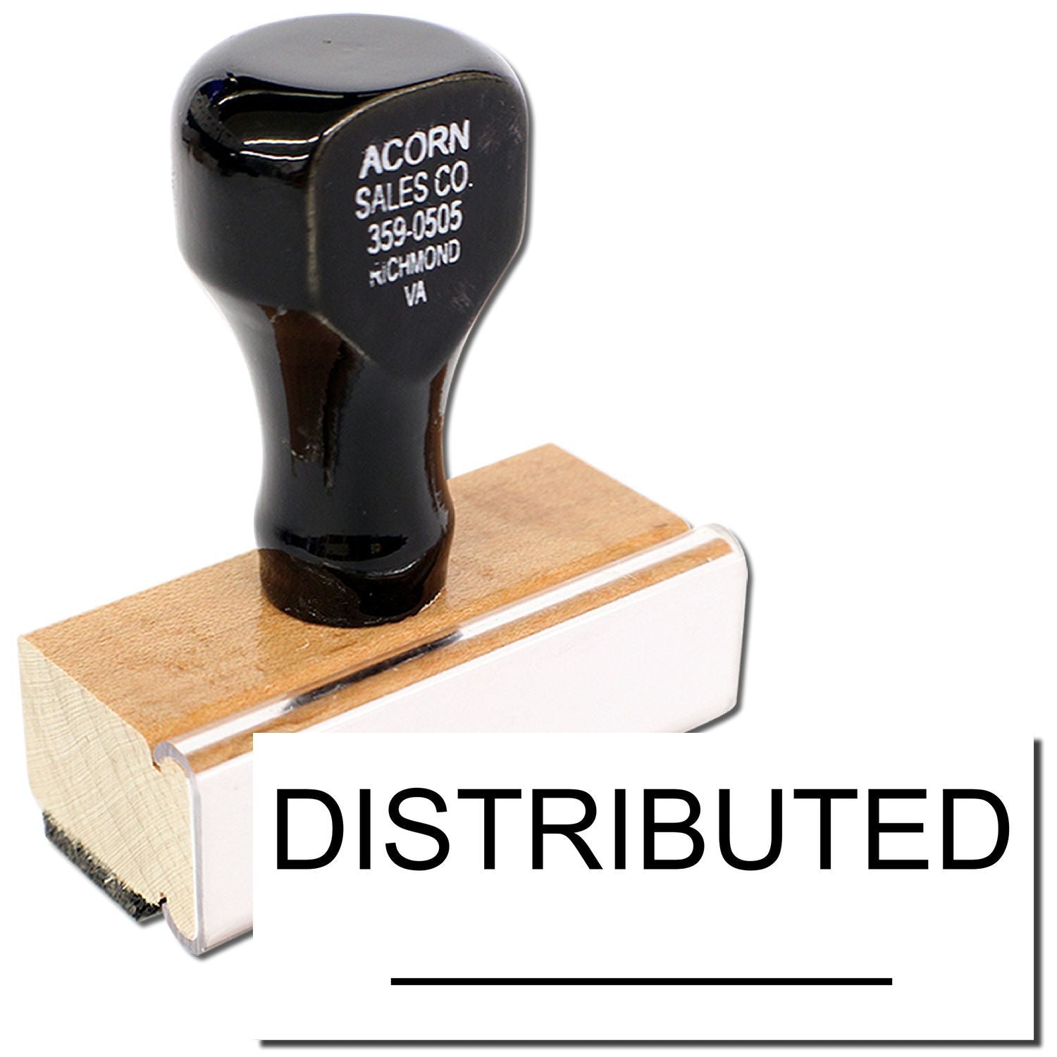 Acorn Sales Co distribution stamp on wooden handle, showing company name and phone number for shipping and labeling.