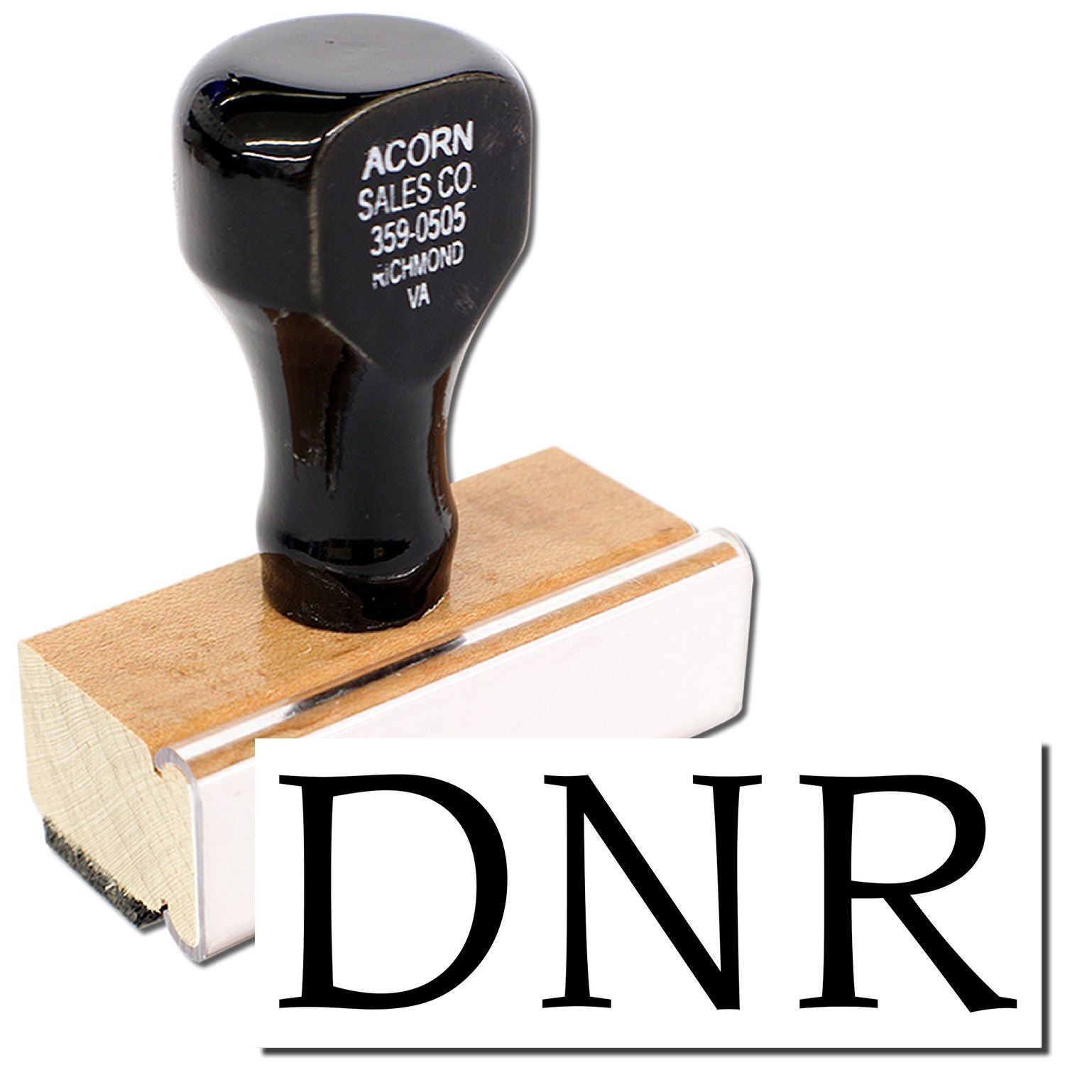 Acorn Sales Co. black rubber stamp on wooden base showing 359-0505 Richmond VA contact info for business identification.