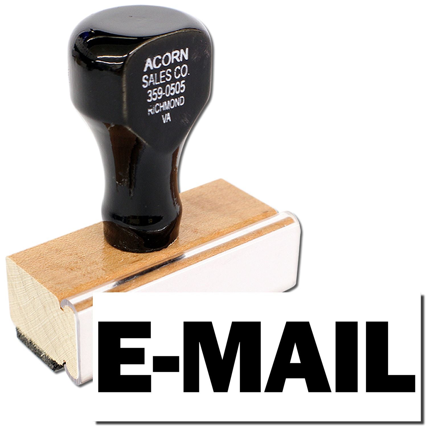 Acorn Sales Co. black rubber knob on wooden base, stamped 359-0505 Richmond VA, with 'E-MAIL' for customer contact