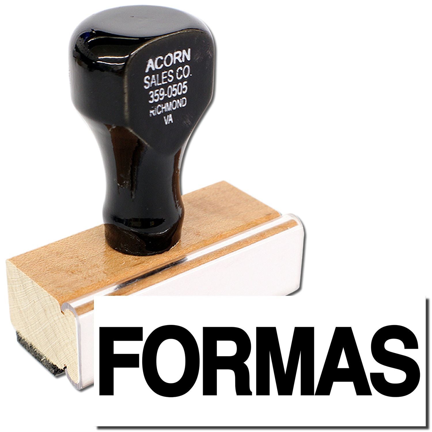 Acorn Sales Co. 359-0505 FORMAS black acorn-shaped rubber part on wooden blockhardware product label from Richmond VA.