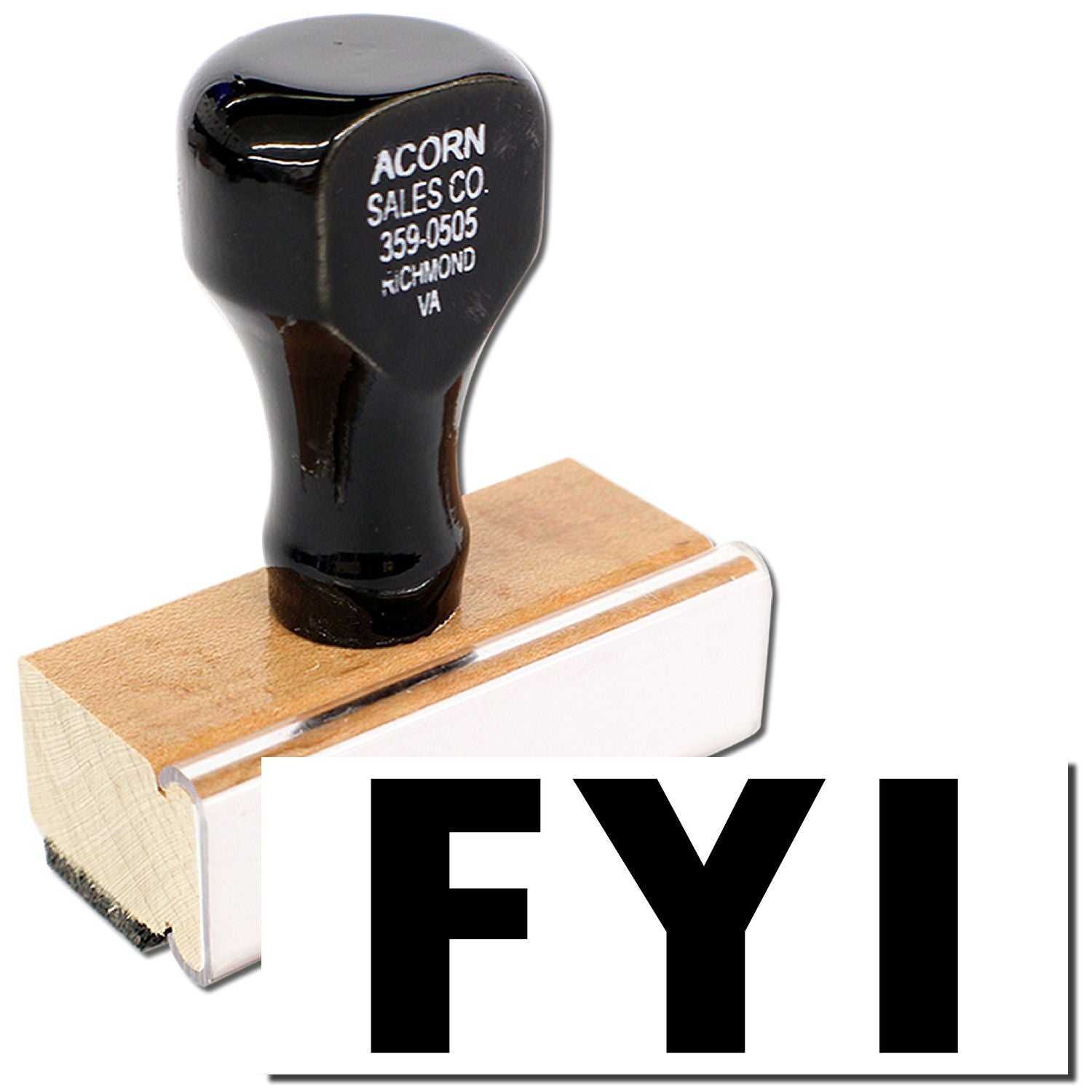 Acorn Sales Co. branded black rubber stamp on wooden base with FYI text, Richmond VA contact info.