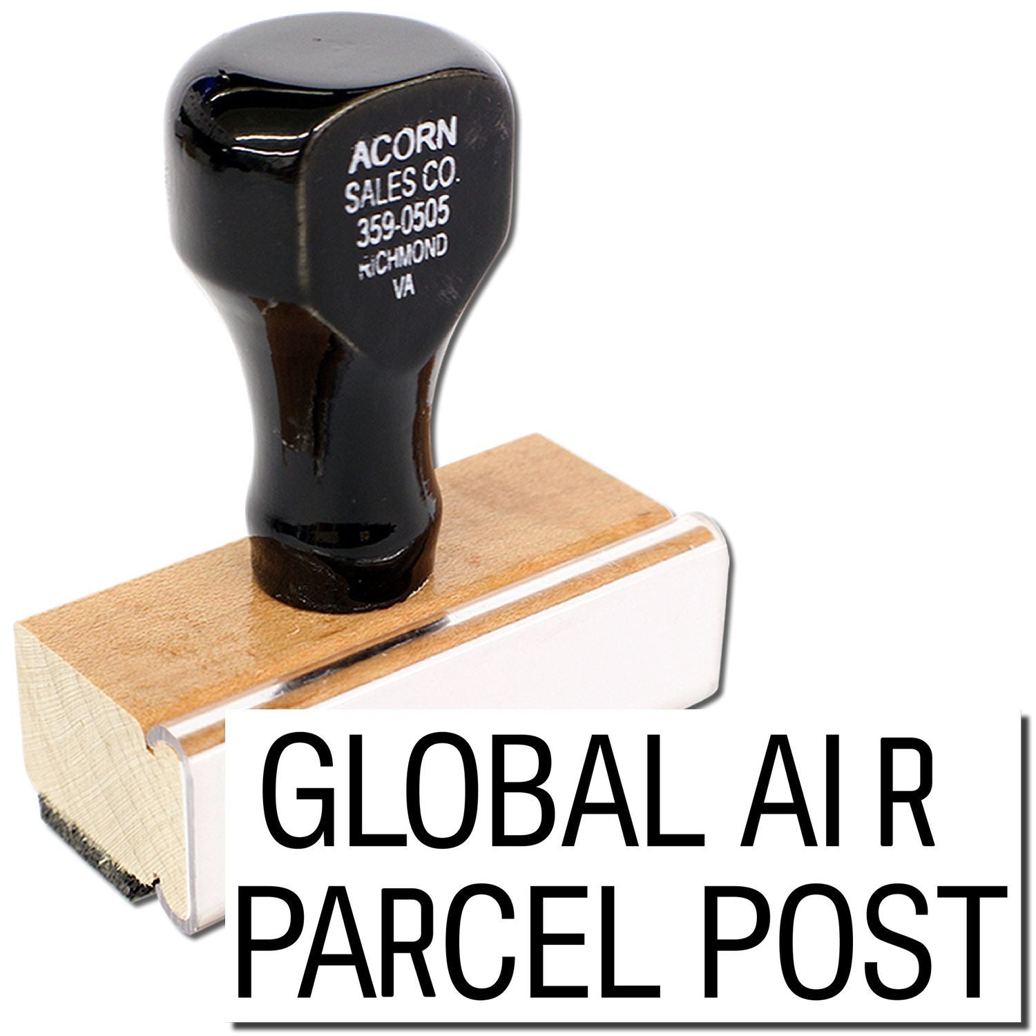 Vintage Acorn Sales Co. tag showing Global Air Parcel Post shipping details for a mailed package.