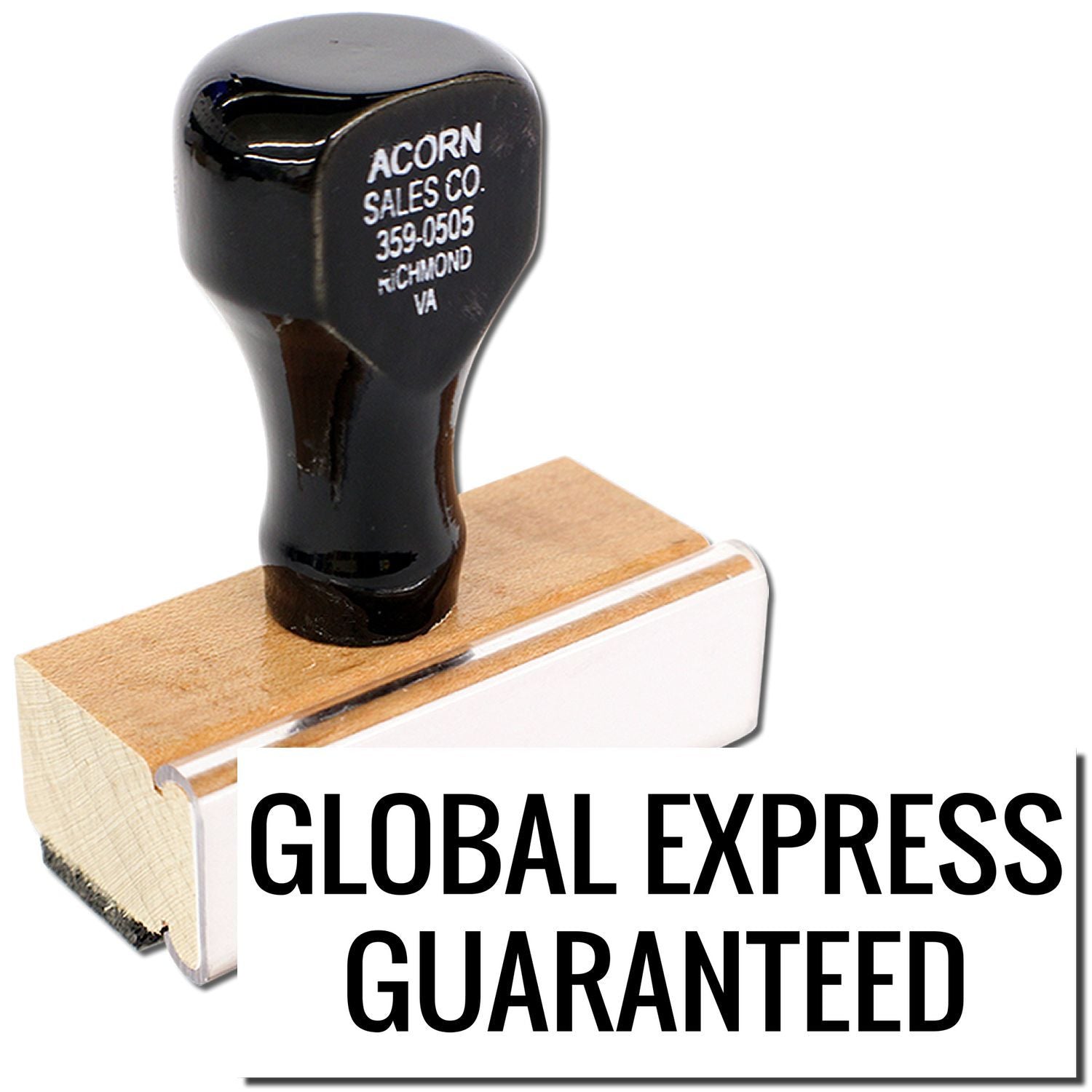 Acorn Sales Co. Global Express Guaranteed shipping graphic on black tool head over wooden pallet for fast delivery.