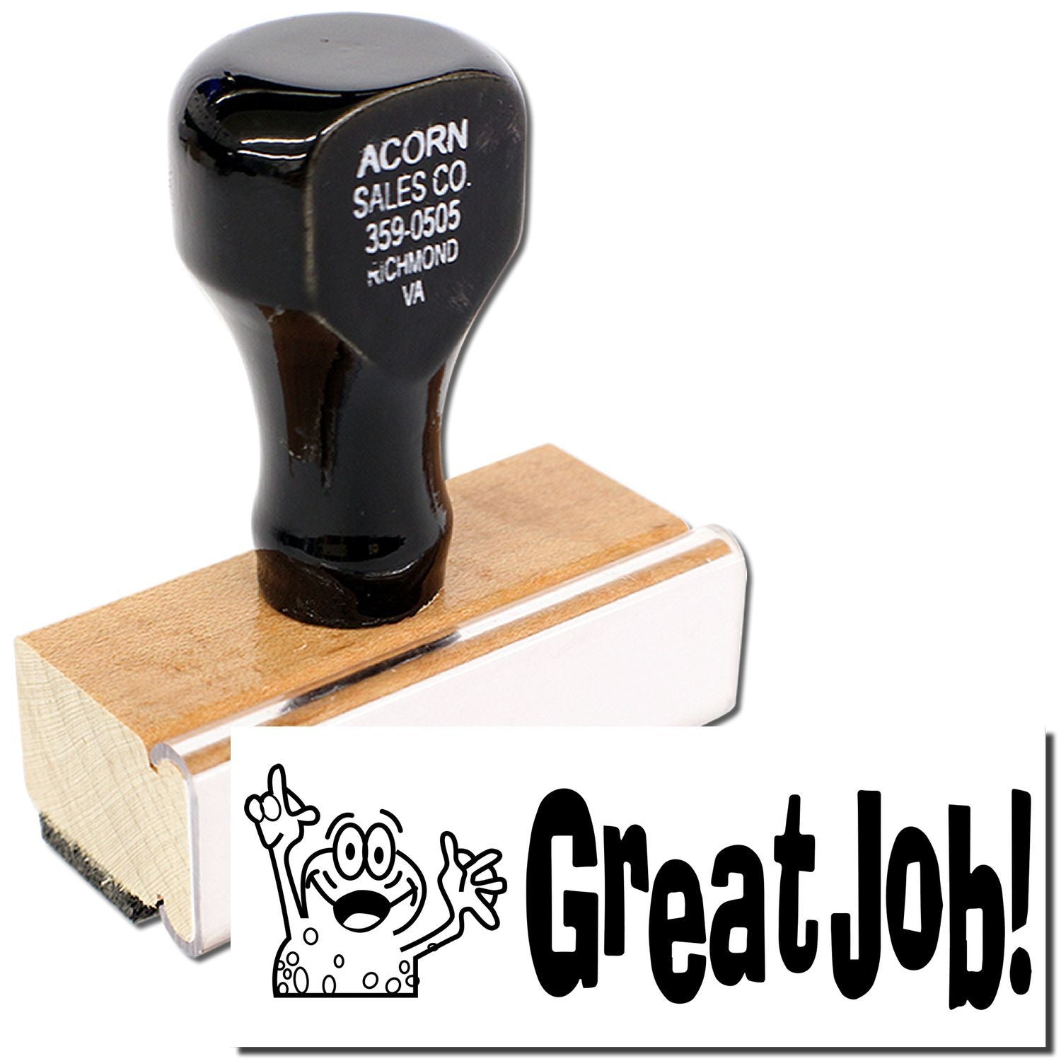 Acorn Sales Co. black shoe polish/brush on wooden base for cleaning, shown with Great Job! promotional label.