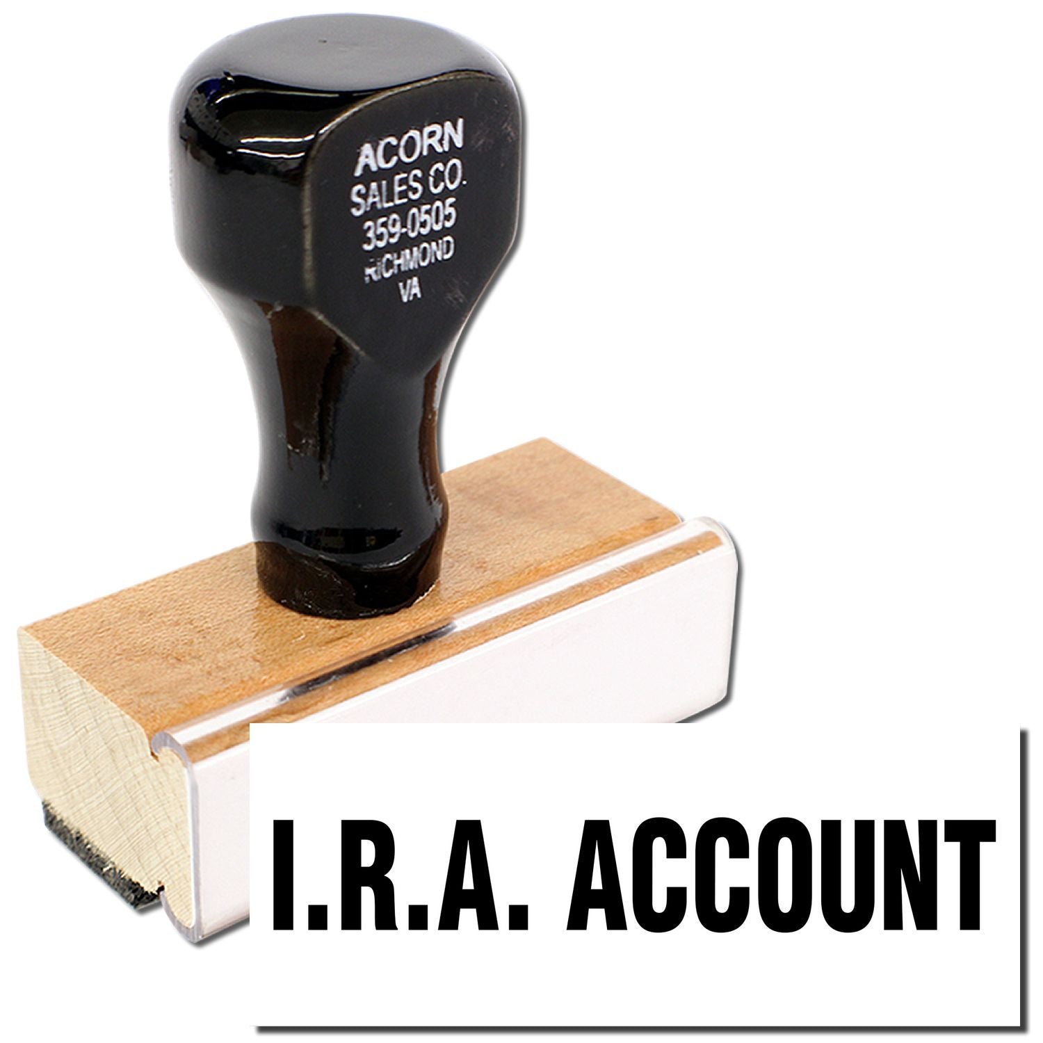 Black rubber stamp for IRA account documents labeled I.R.A. ACCOUNT, with Acorn Sales Co. imprint on handle.