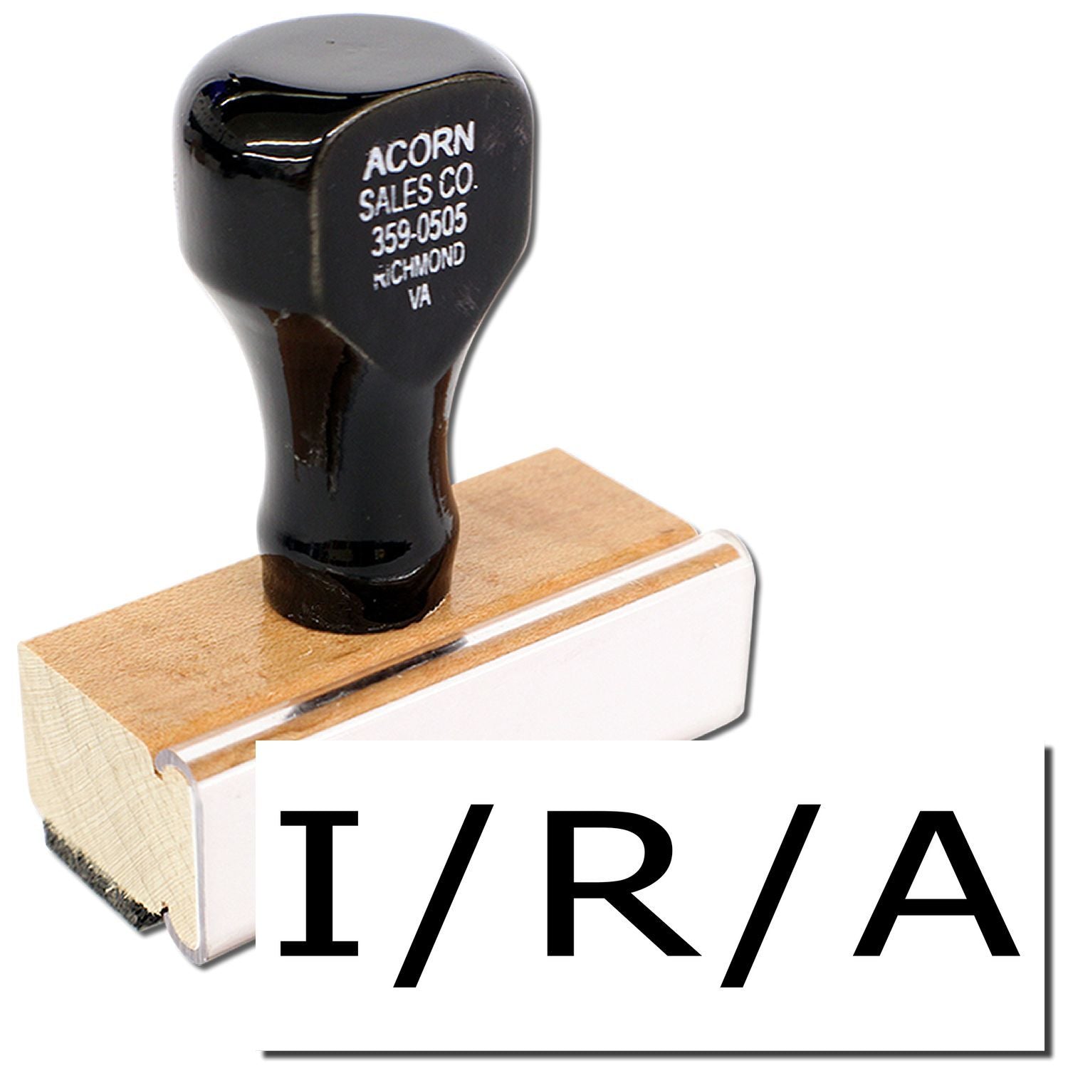 Black Acorn Sales Co. rubber stamp on wooden base, Richmond VA 359-0505 contact for labeling and branding.