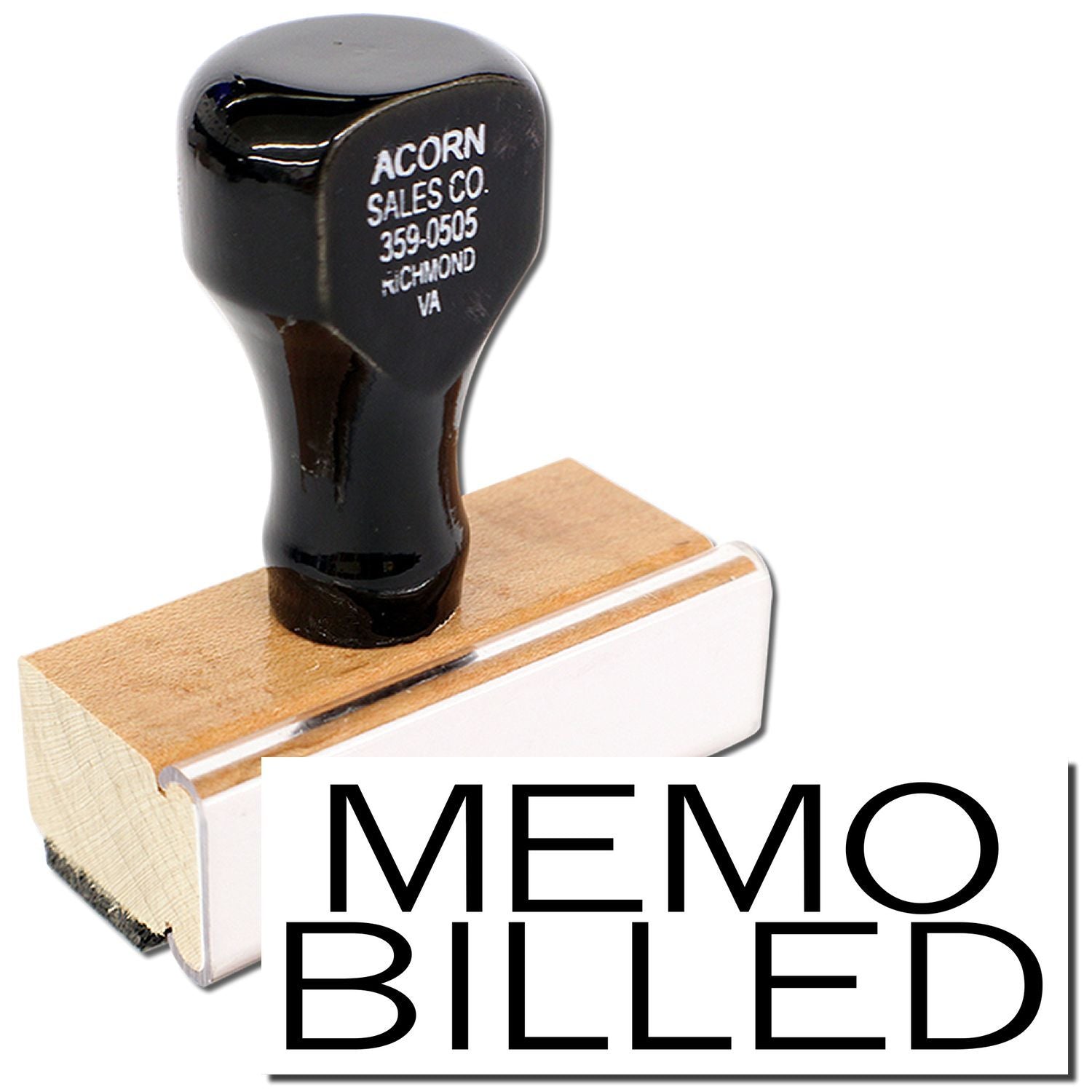 Acorn Sales Co. custom rubber stamp on wood base labeled Memo Billed, for office billing and invoicing.