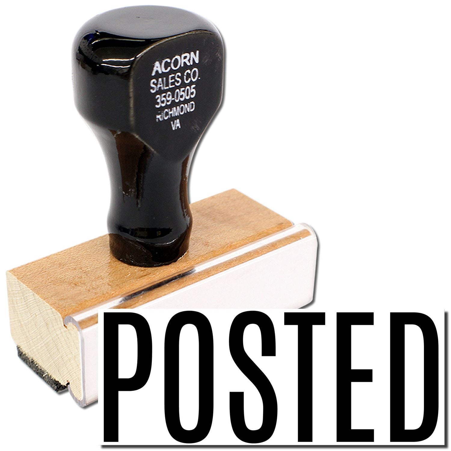 Acorn Sales Co. POSTED rubber stamp on wooden block for marking shipping or records as posted on documents