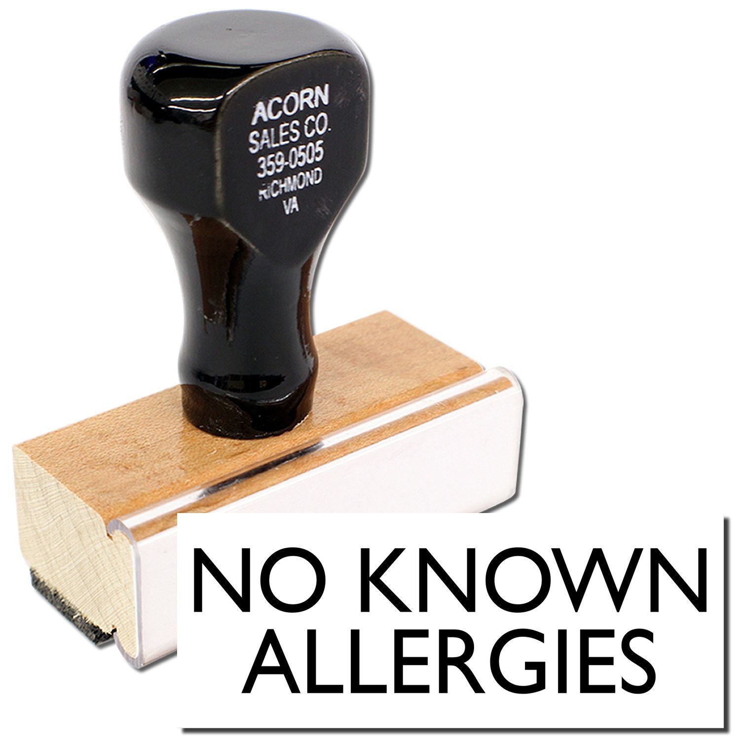 Acorn Sales Co label on black knob and No Known Allergies warning text for allergy-free product handling in Richmond VA