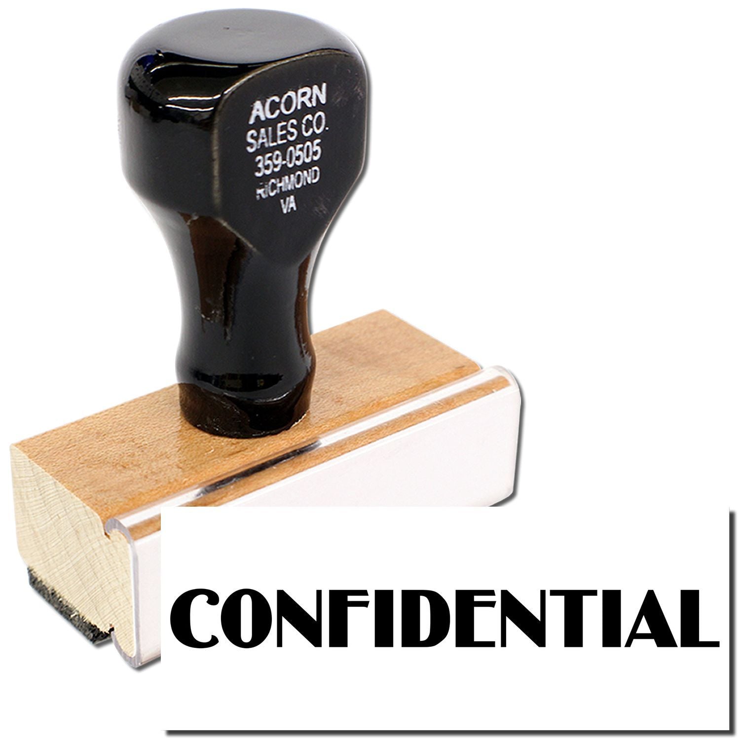 Confidential label shows Acorn Sales Co. part number 359-0505 from Richmond, VA, on wooden shipping block.