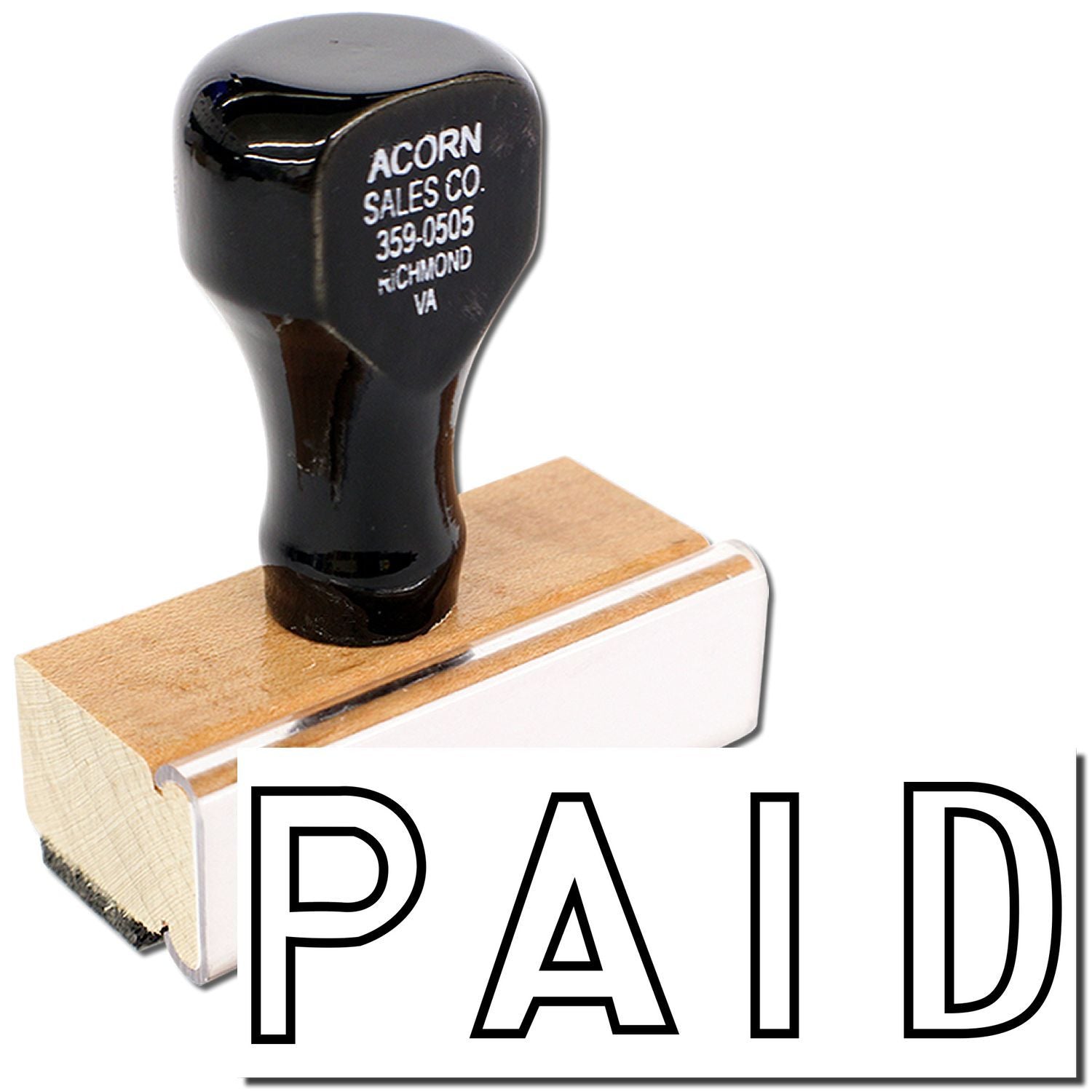 Acorn Sales Co. PAID rubber stamp on wooden handle block, used to mark documents as paid.