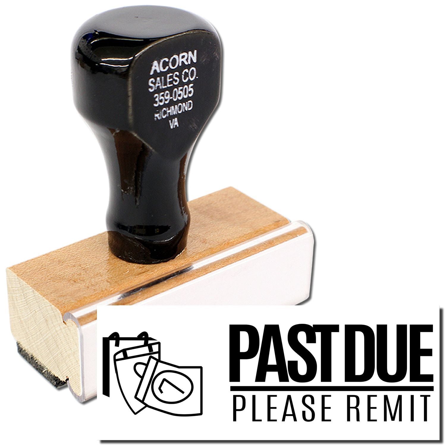 Acorn Sales Co. Past DuePlease Remit collection notice stamp on product handle, Richmond VA phone 359-0505.
