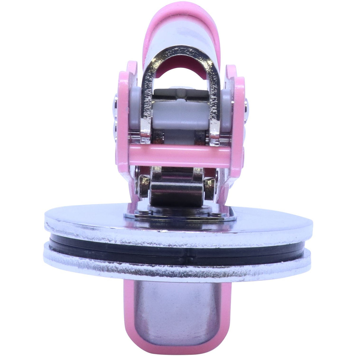 Pink and silver metal suction cup clamp hardware isolated on a white background
