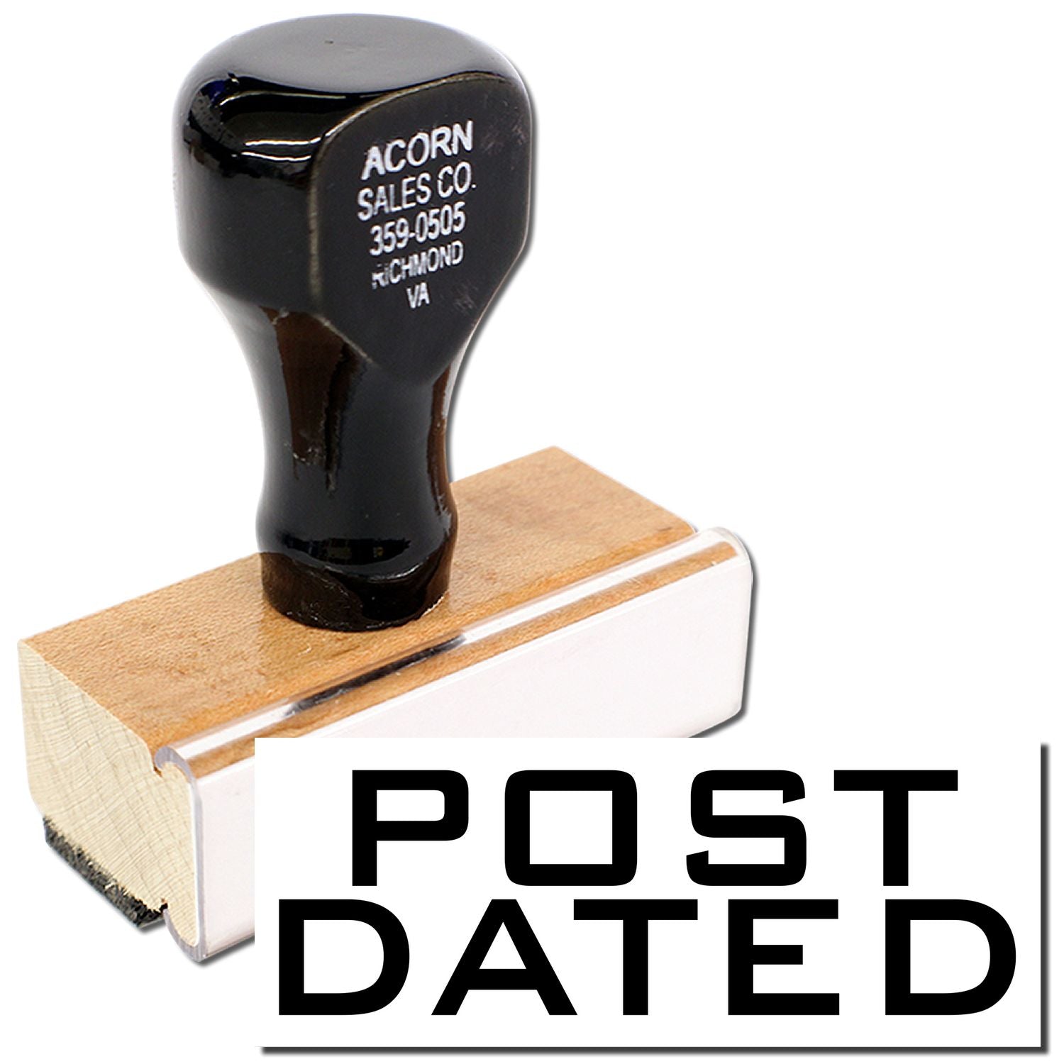 Acorn Sales Co. rubber stamp that marks documents with POST DATED for mailing, legal, and recordkeeping.