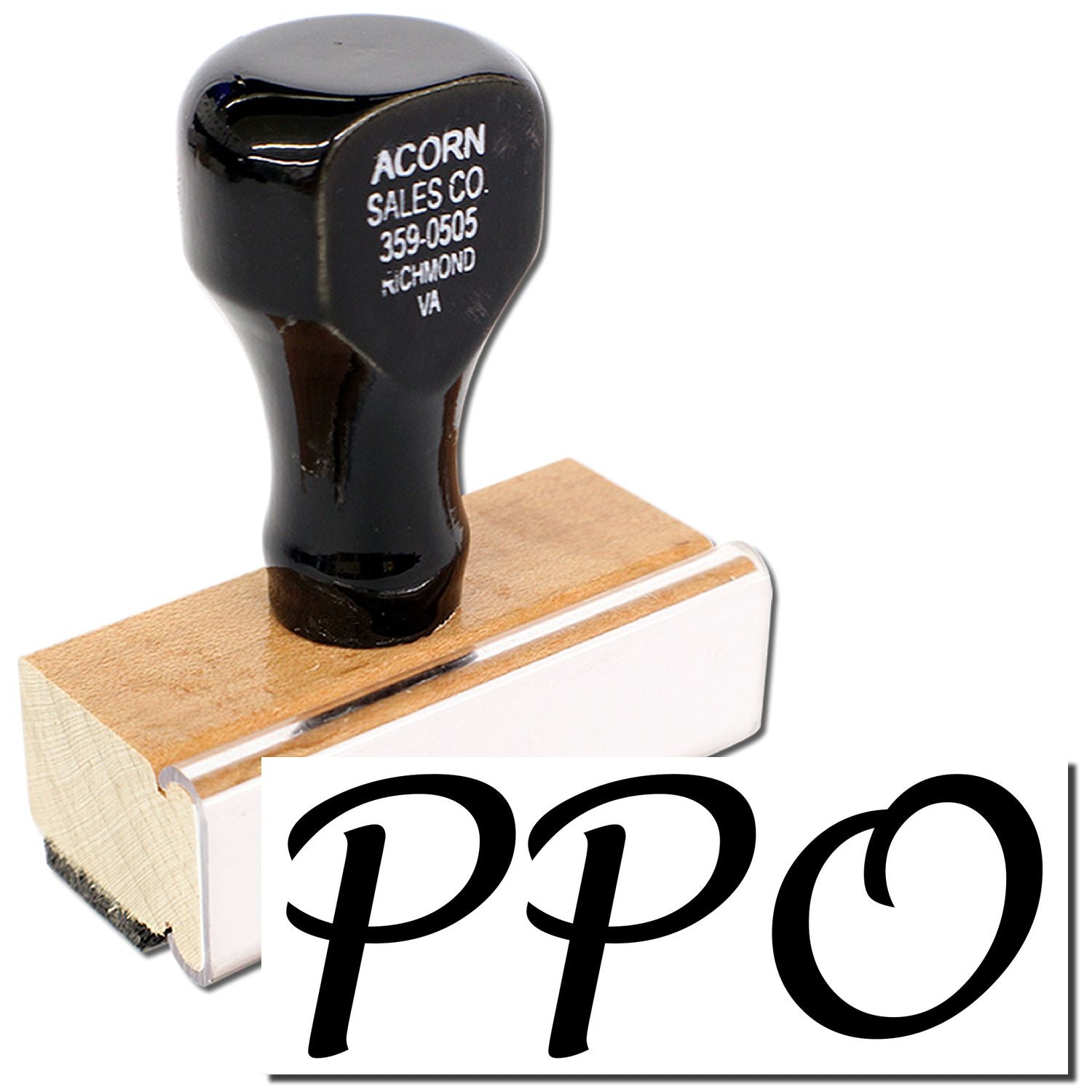Acorn Sales Co custom rubber stamp on wood block, showing phone number 359-0505 for Richmond VA contact printing.