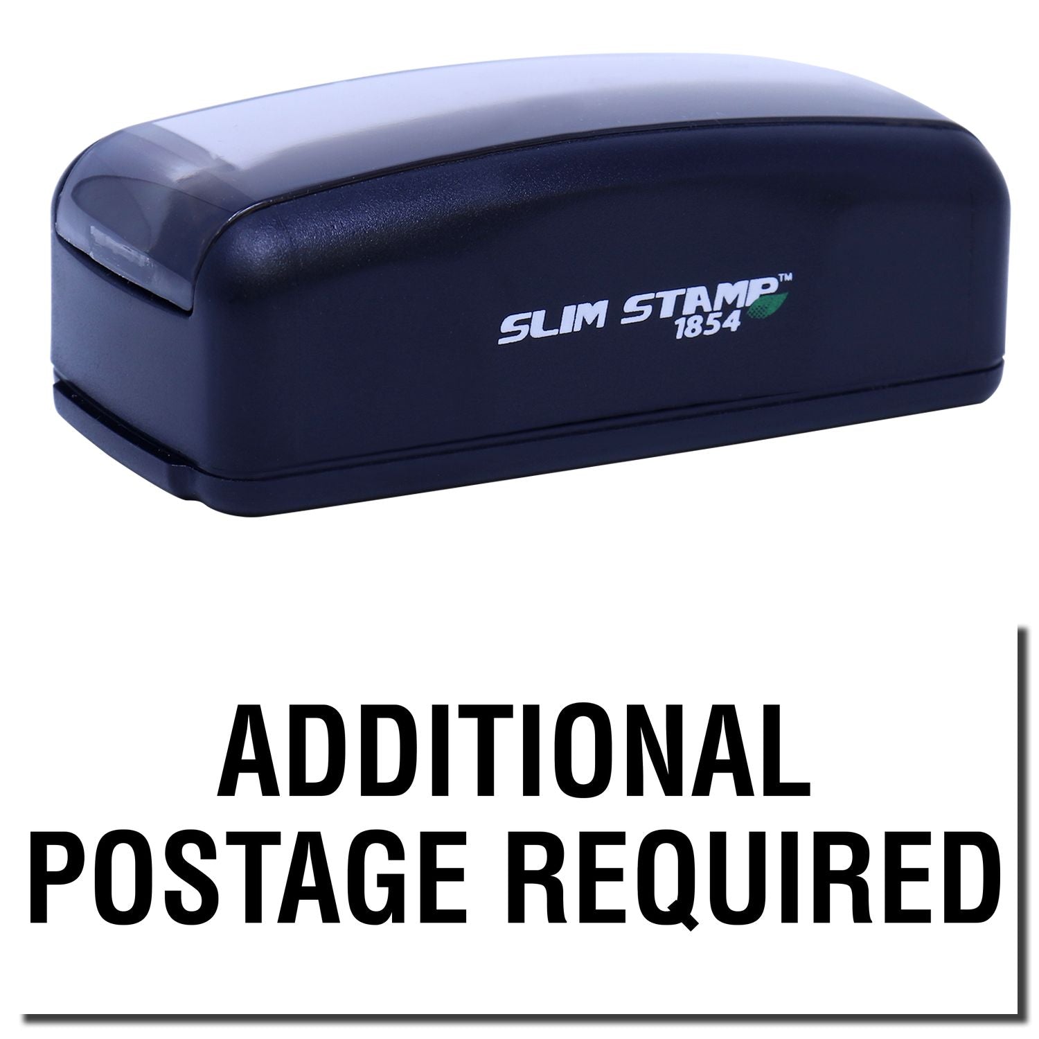 Slim Stamp 1854 handheld stamping device with Additional Postage Required signage for packages and letters mailing in US mail.