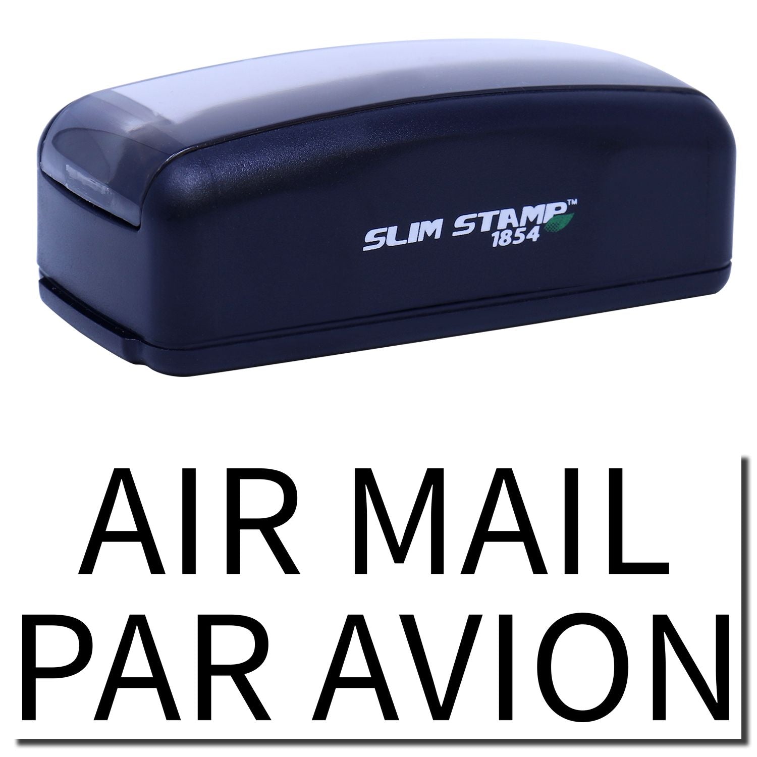 Slim Stamp 1854 air mail date stamp, compact self-inking postal marking tool with protective cover, for office use on white.