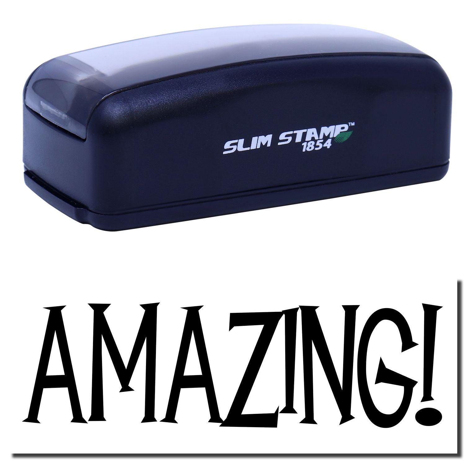 Blue Slim Stamp 1854 self-inking stamp showing AMAZING! text for personalized labeling, product tags, and mailing.