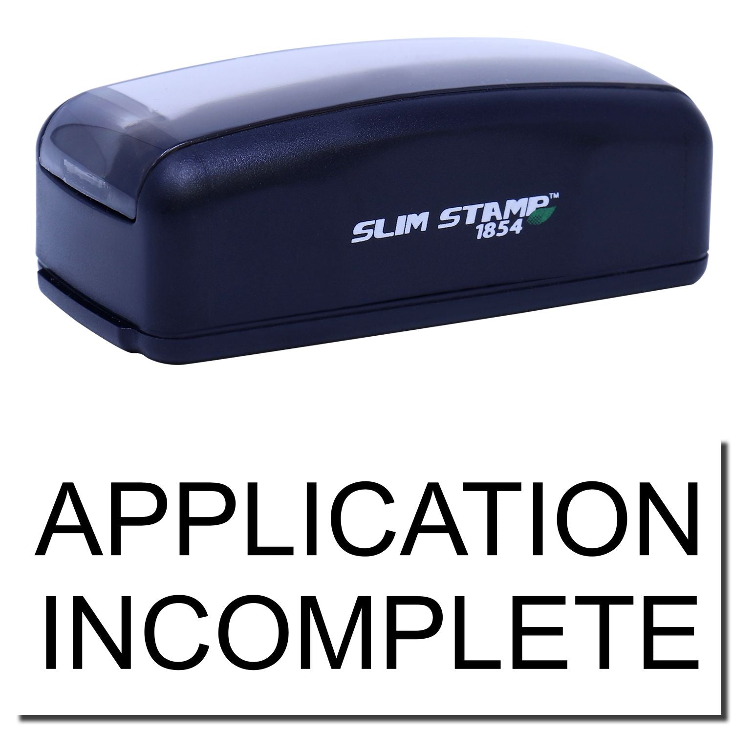 Slim Stamp 1854 branding on a stamp tool with Application incomplete warning text for product application support.