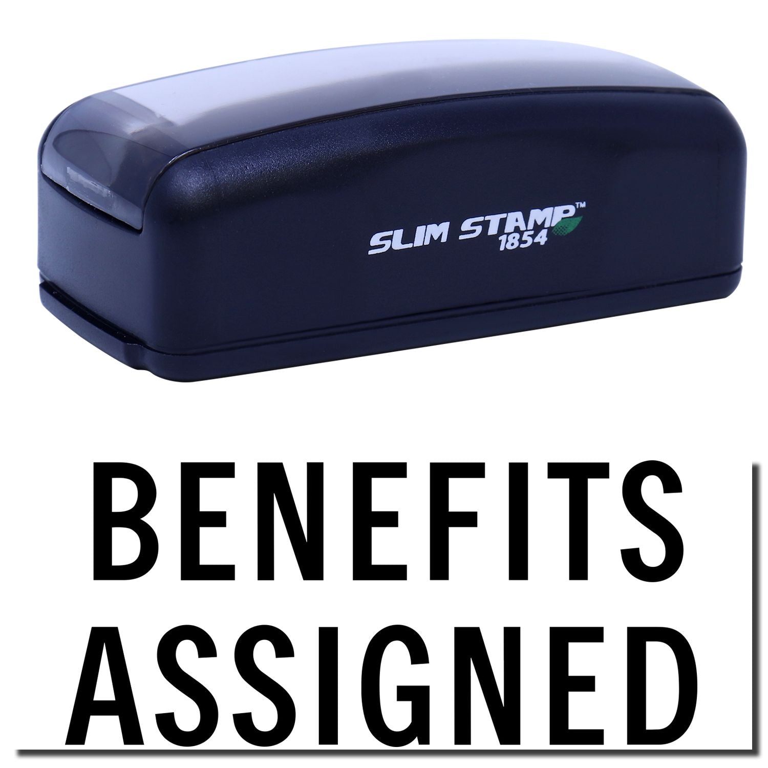 Slim Stamp 1854 ink stamp device with branding, product photo showing benefits and official stamp model for labeling.