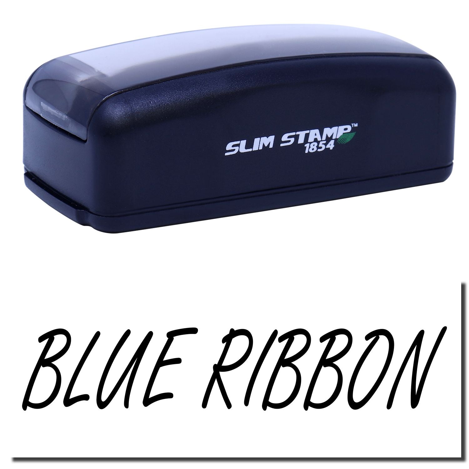 Slim Stamp 1854 self-inking rubber stamp with blue ribbon, product photo for labeling, branding, and mailing documents.