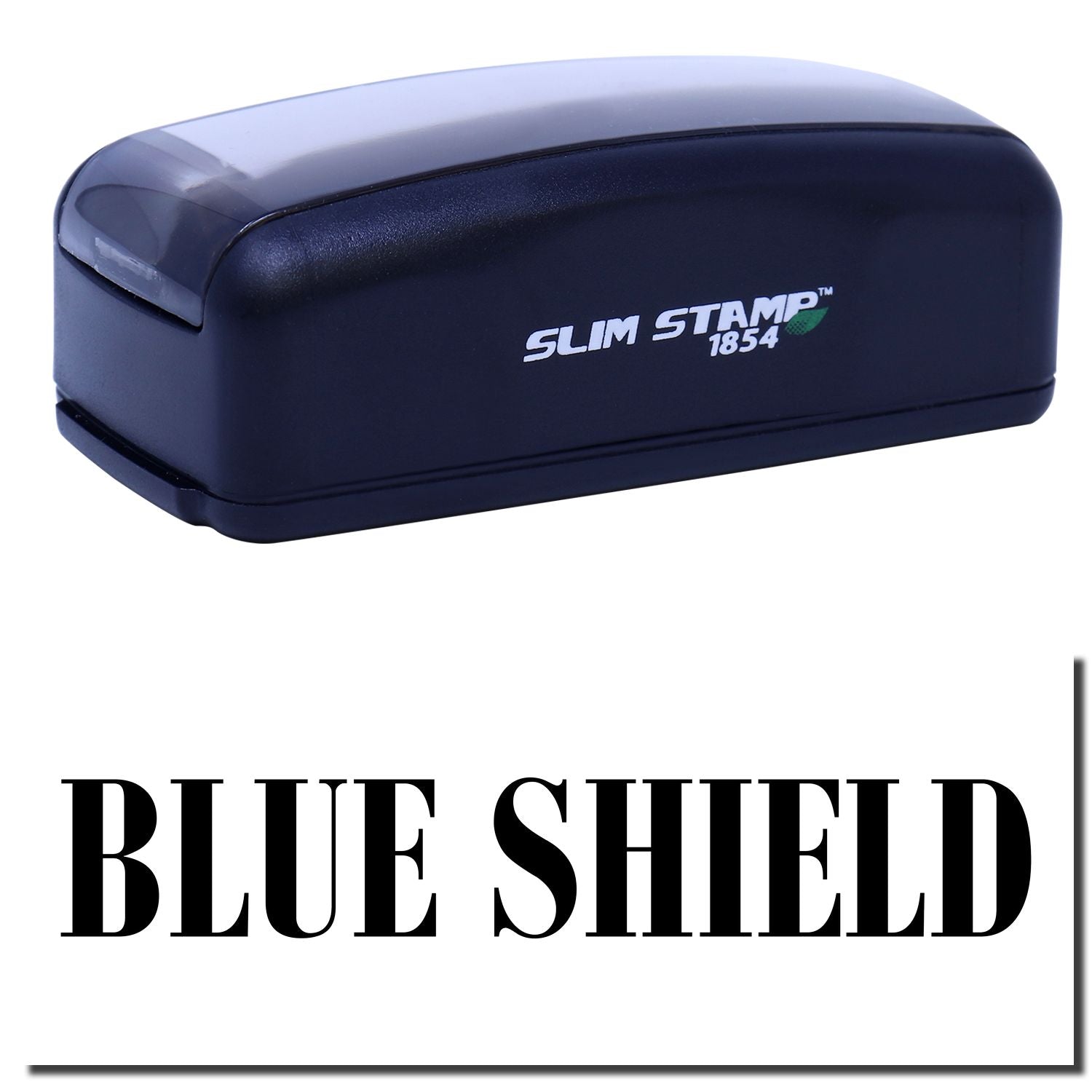 Slim Stamp 1854 self-inking stamp labeled Blue Shield for quick, accurate document marking.
