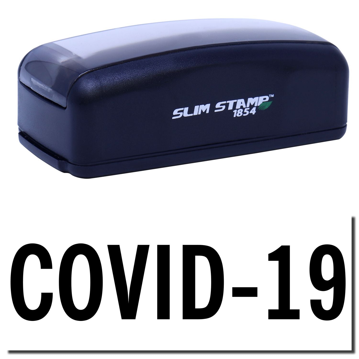 Slim Stomp 1854 ink stamp for COVID-19 compliance marking for workplaces and health facilities, product close-up with model number.