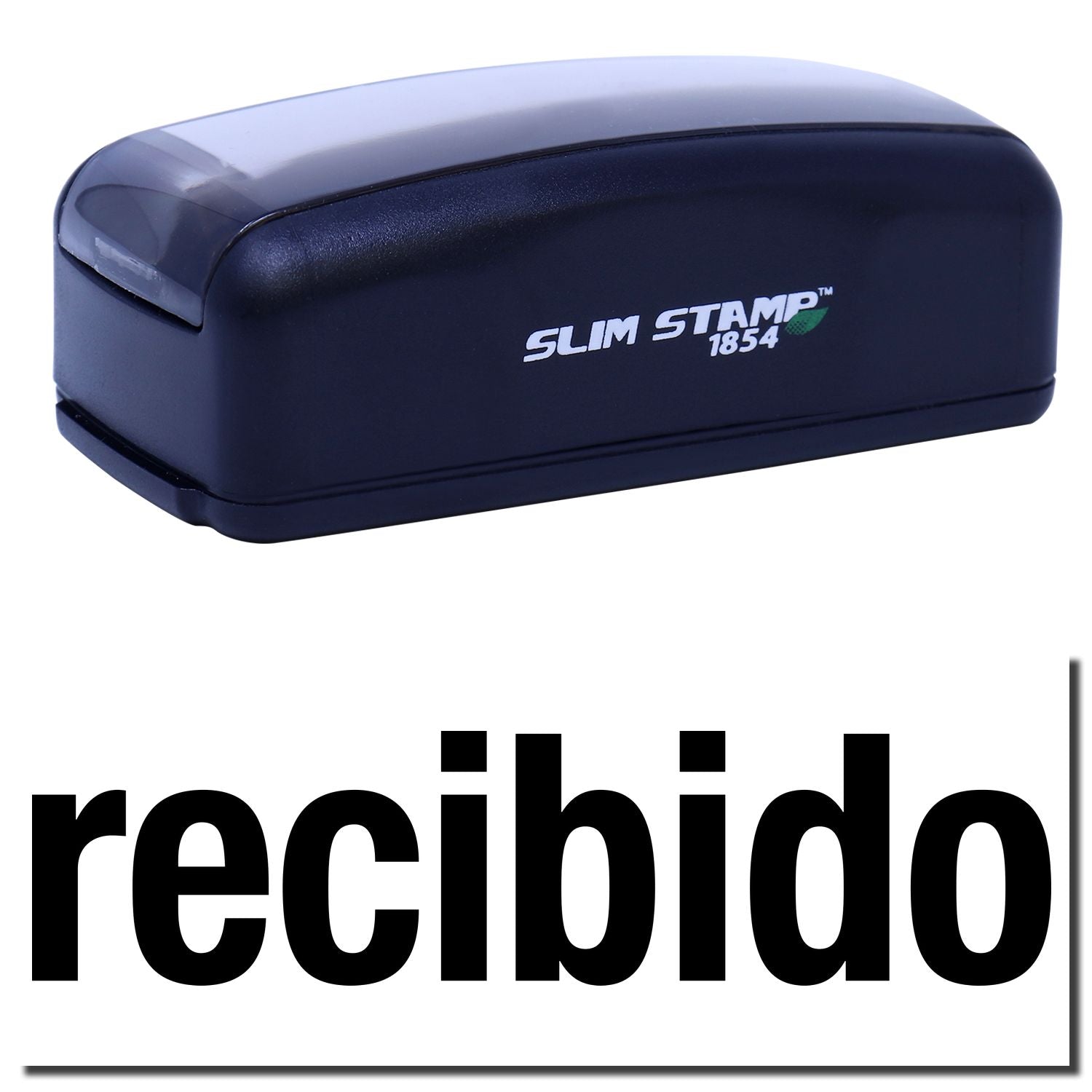 Slim Stamp 1854 compact date stamp for clear impressions, showing Slim STAMP branding on navy case for office paperwork and shipping labels.