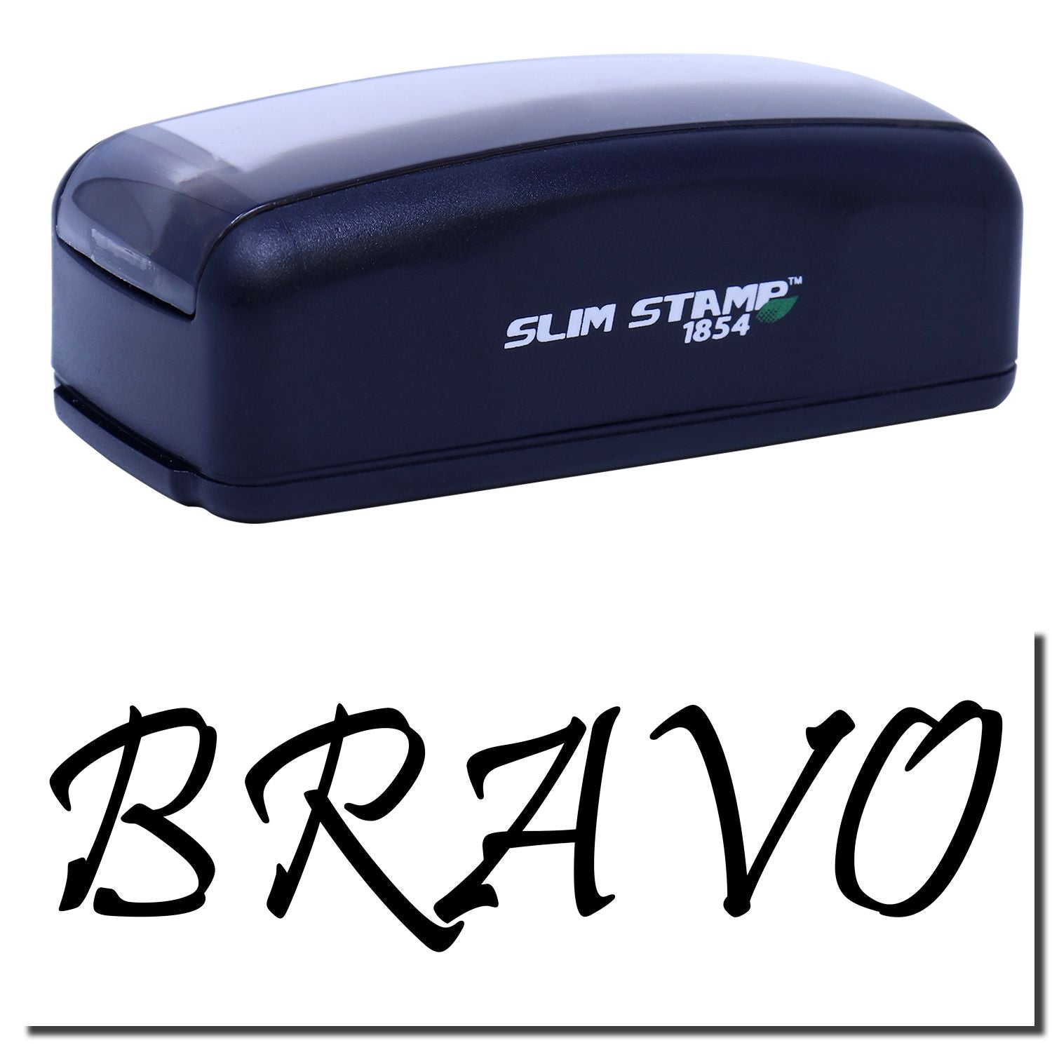 Slim Stamp 1854 self-inking stamp device for office branding and labeling, compact blue tool shown with BR410 mark in product photo