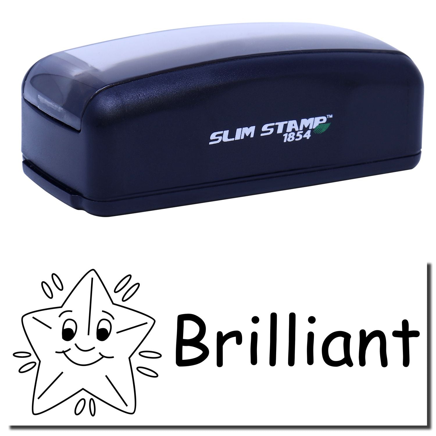 Slim Stamp 1854 branding on navy ink stamp for easy imprinting, shown with Brilliant star graphic.